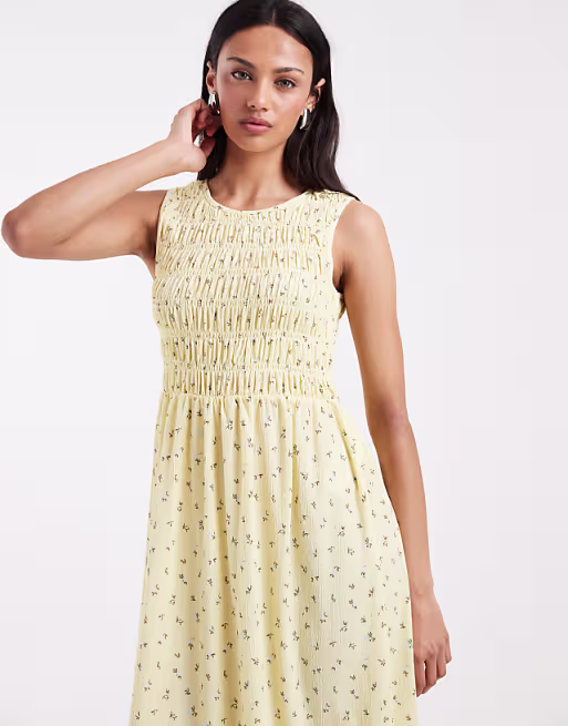 PIECES sleeveless smocking ditsy floral maxi dress in pastel yellow