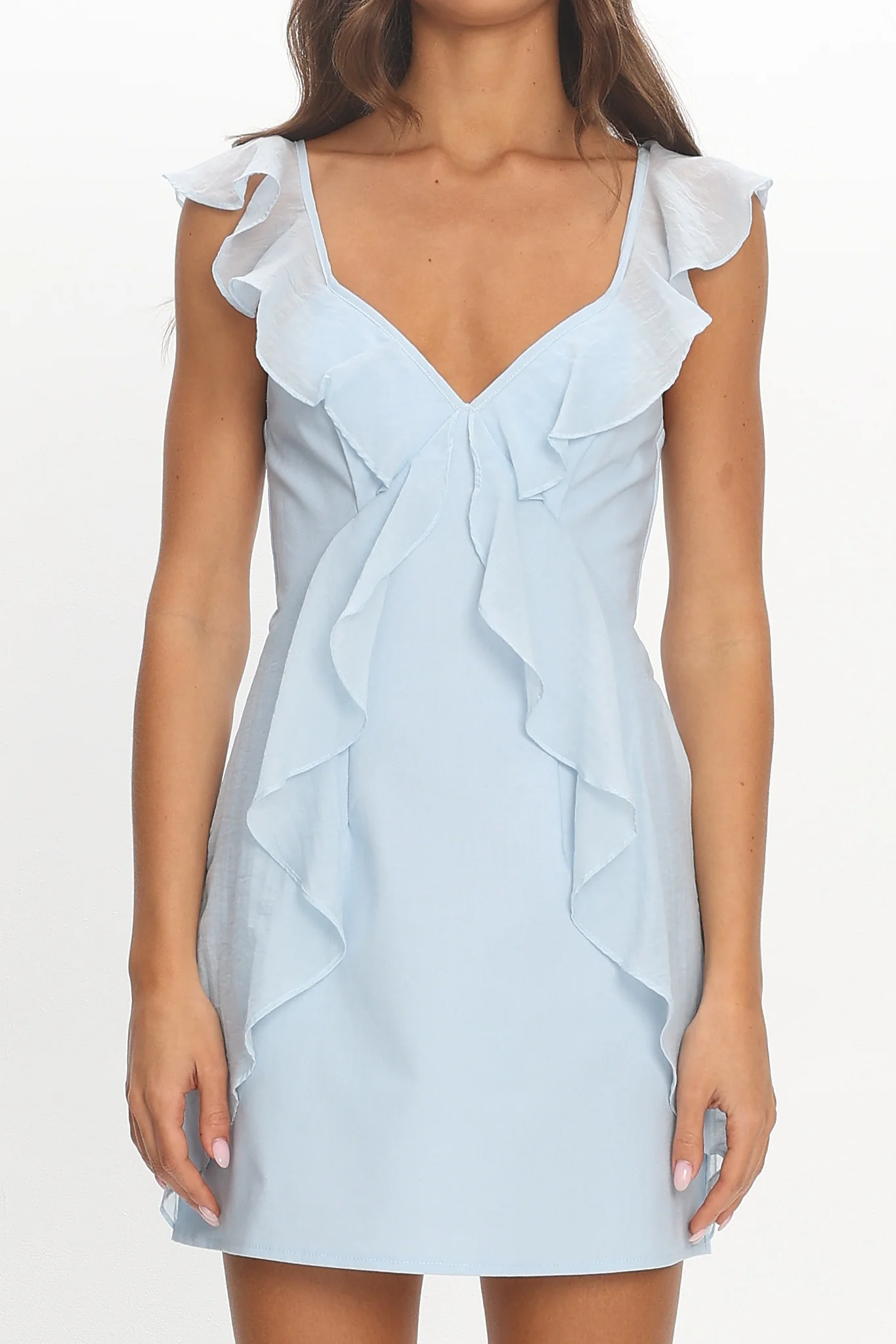 Murphy Ruffle Front Mini Dress Baby Blue - luluinthesky