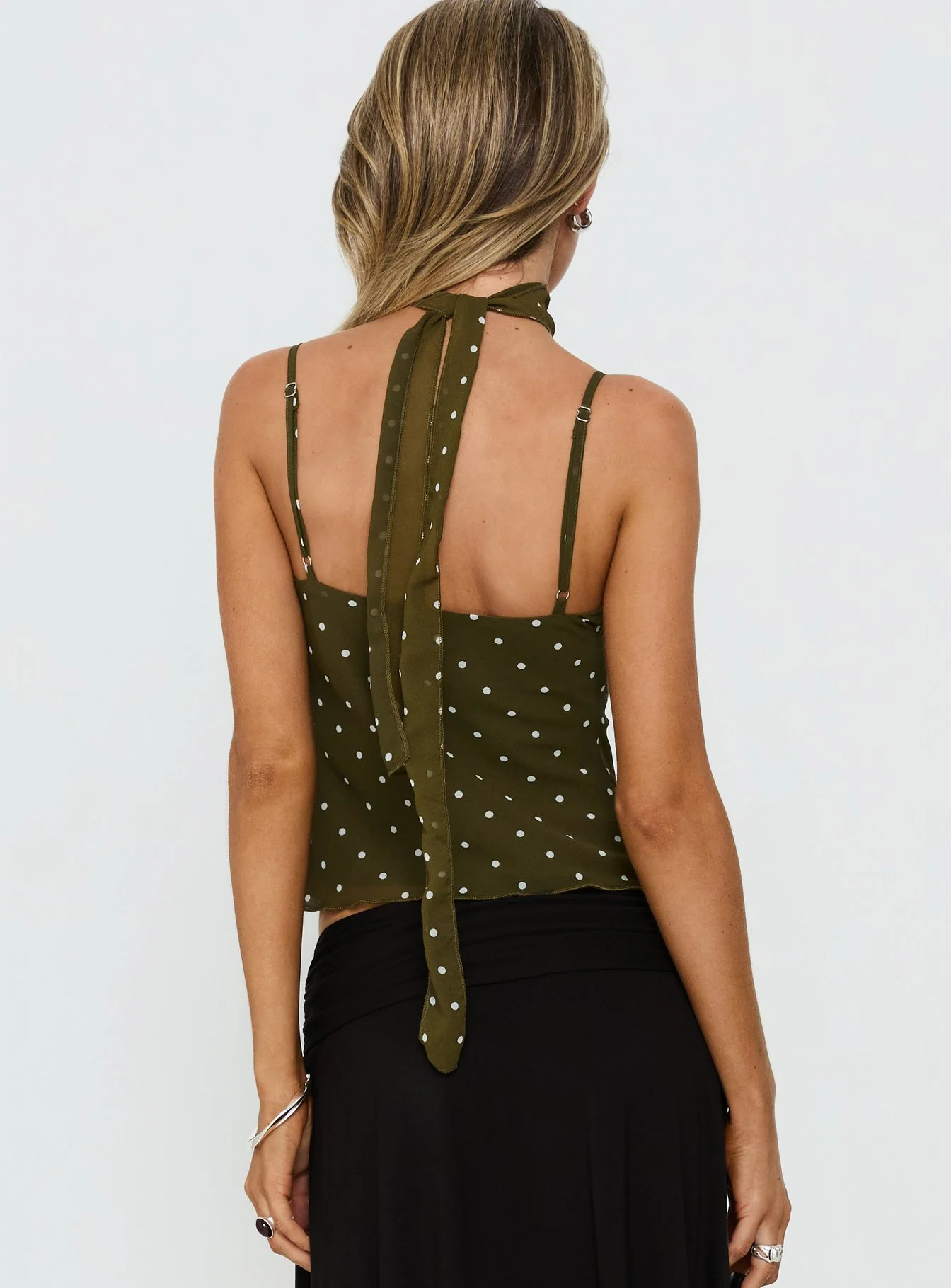 Mishy Scarf Detail Cami Top Olive Polka