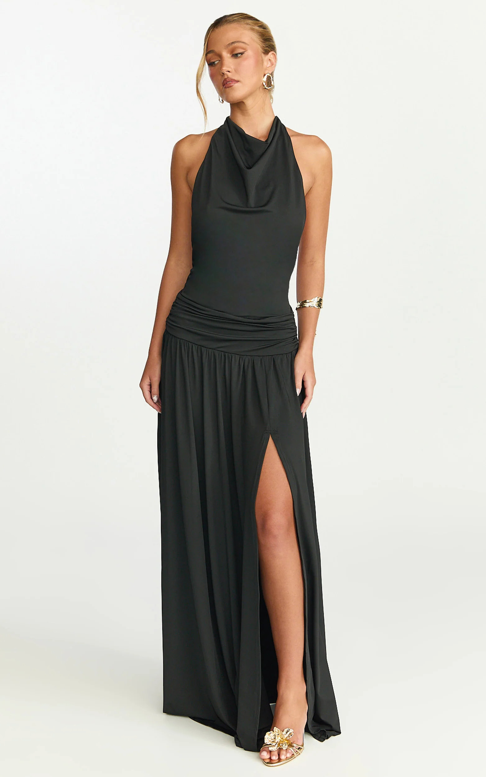 Sophia Maxi Dress - Backless High Cowl Neck Jersey Dress in Black