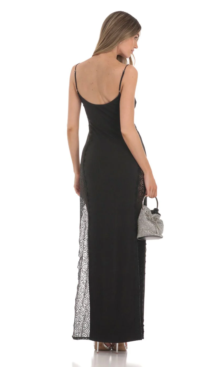 Lace Side Cutout Maxi Dress in Black - luluinthesky