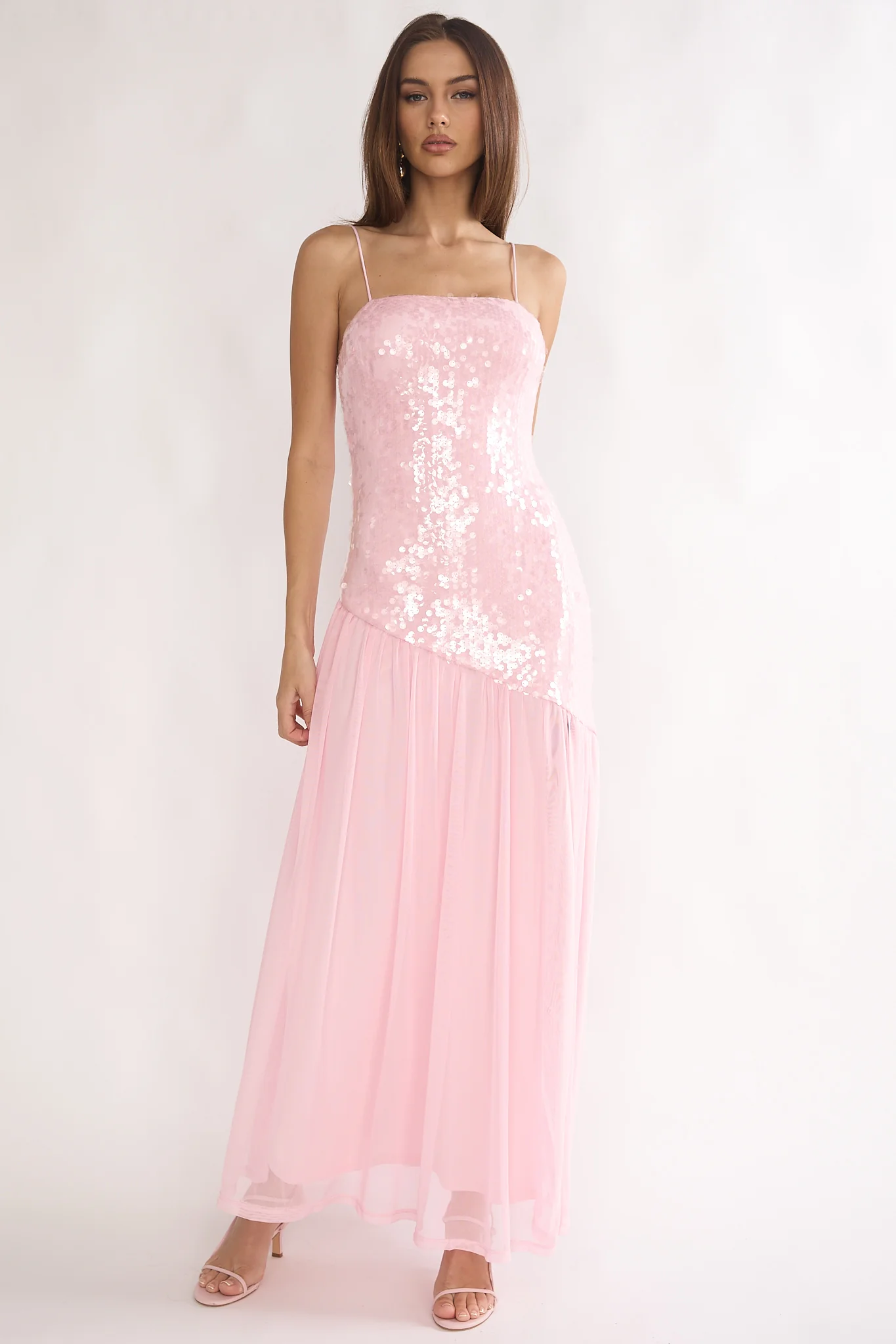 Azure Sun Drop Waist Split Maxi Dress Sequin Pink - luluinthesky