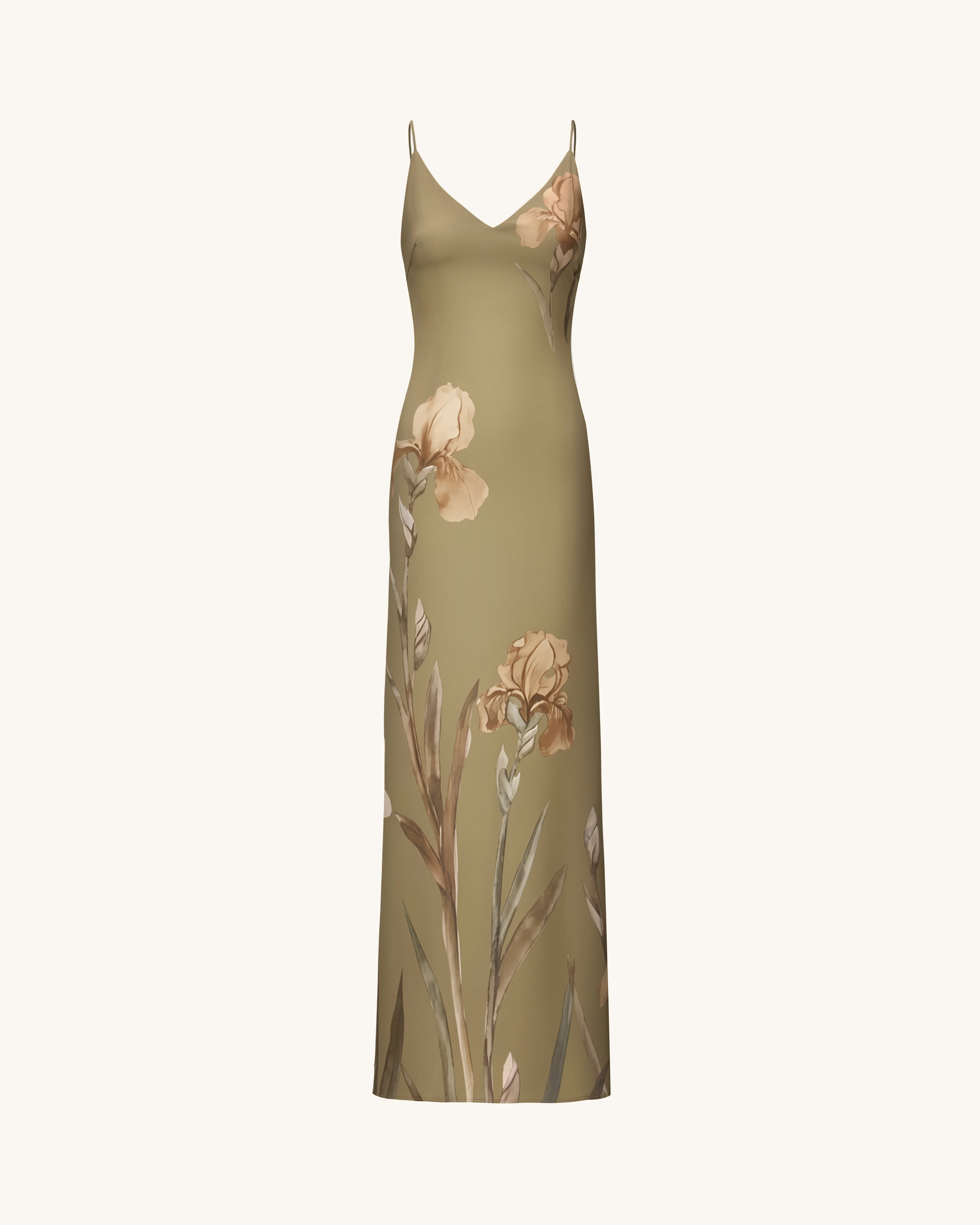 Iris Motif Satin Slip Gown - Olive Green - FASHION NOB