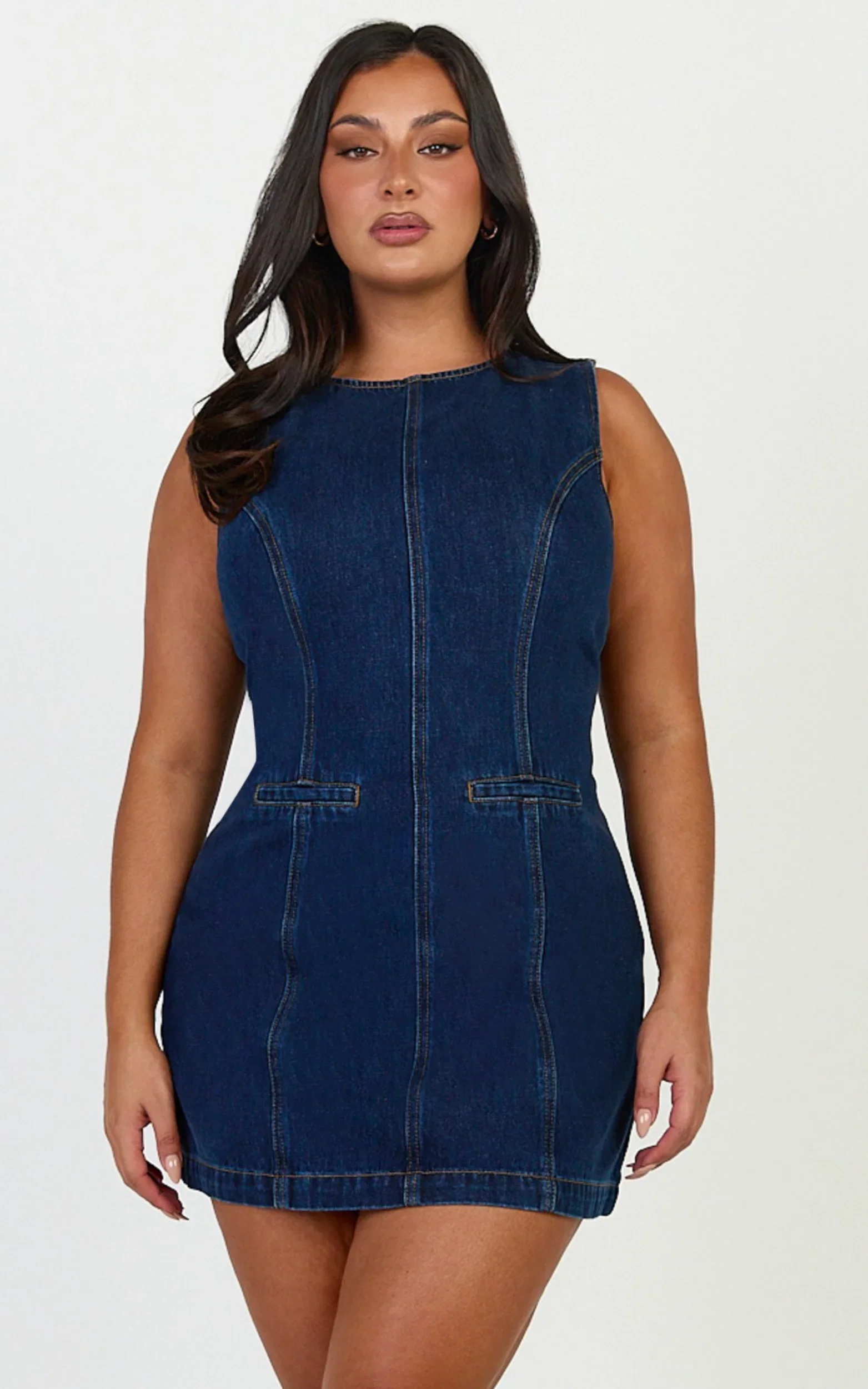 Olenna Mini Dress - High Neck Fitted Denim Dress in Indigo Wash