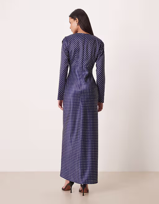 bias cut bust detail satin maxi dress in navy polka dots