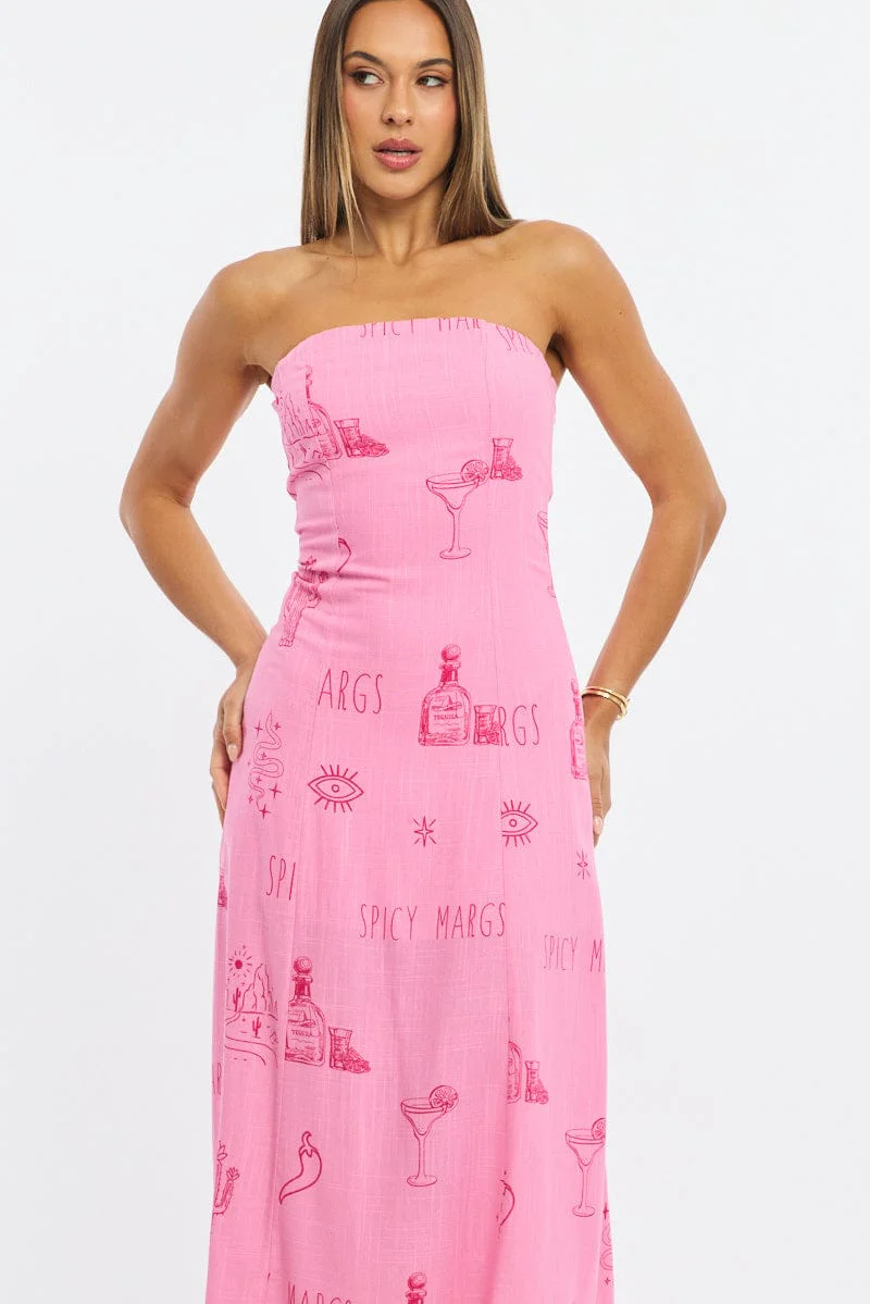 Pink Abstract Strapless Maxi Dress