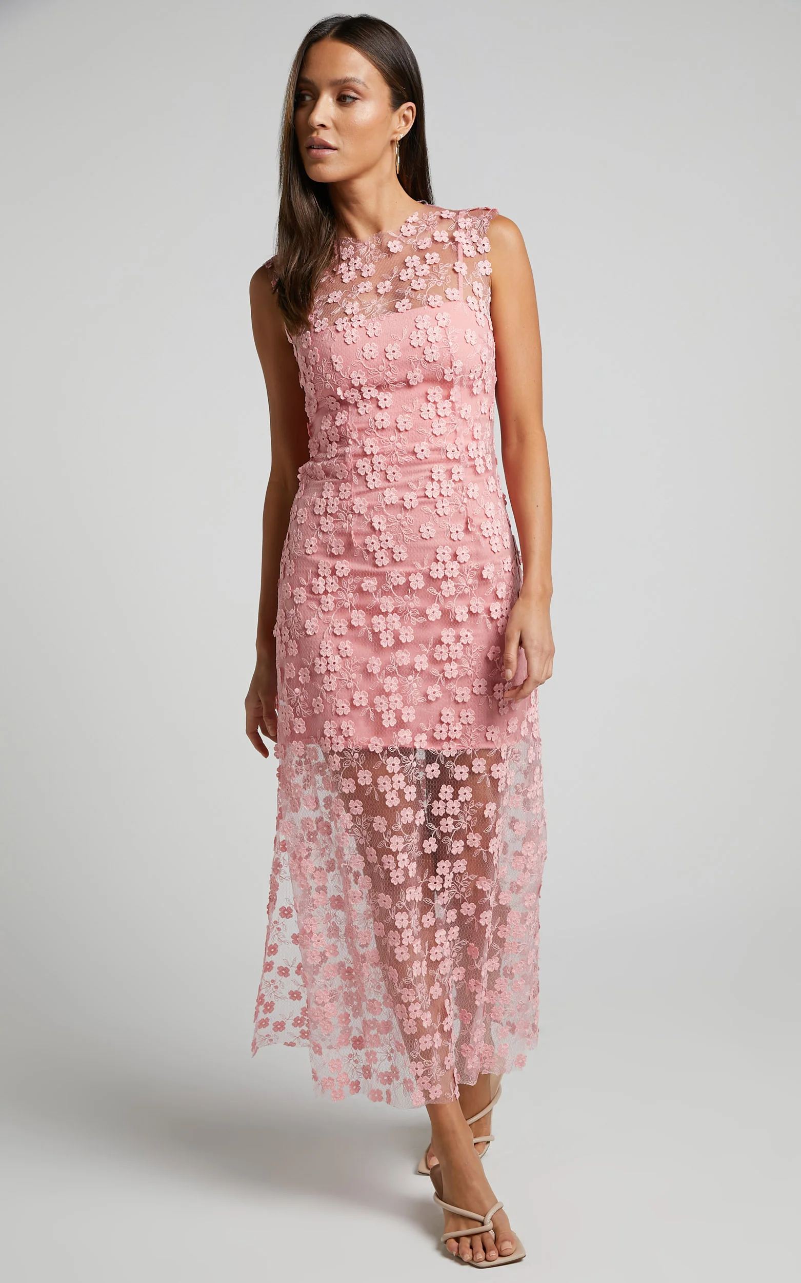 Hazel Midi Dress - 3D Flower Net Bodycon Dress in Pink