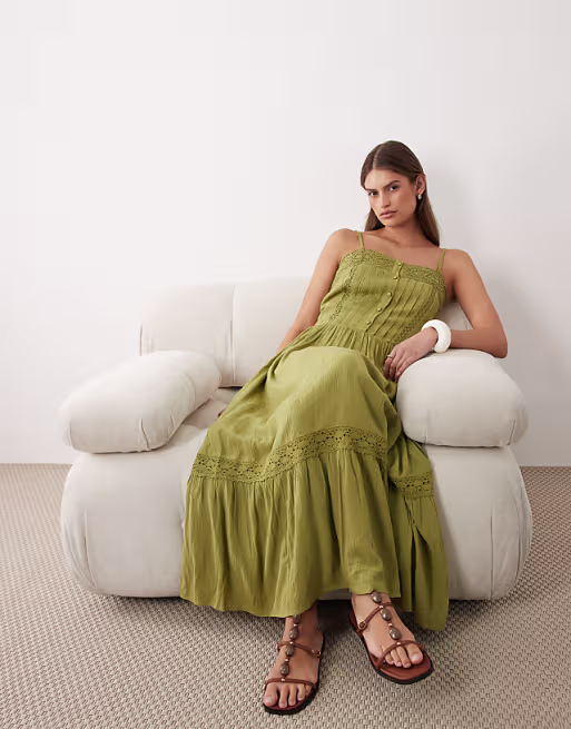 Miss Selfridge lace insert maxi dress in olive