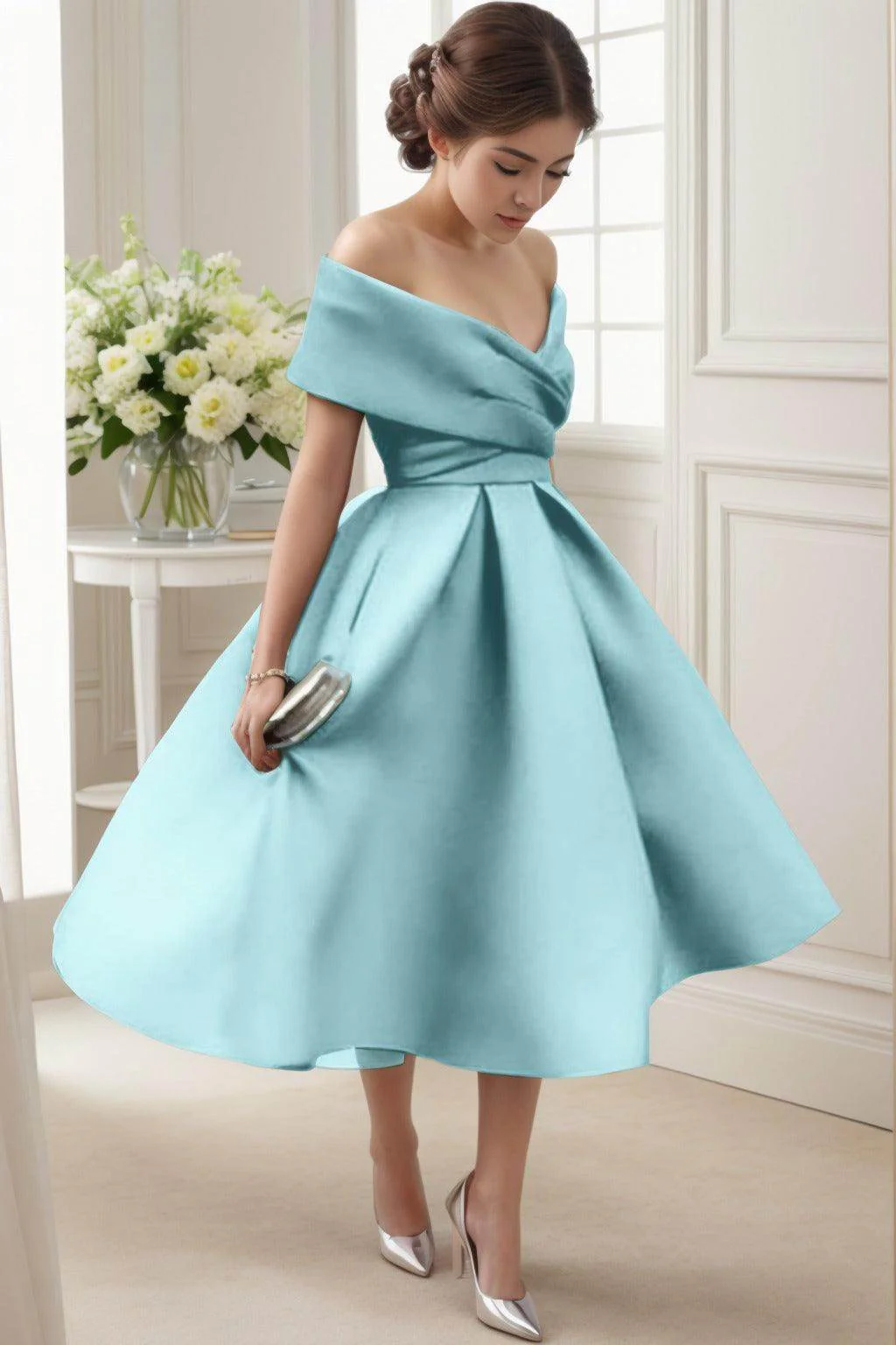A-Line Tea Length Satin Graduation Dresses CS0556