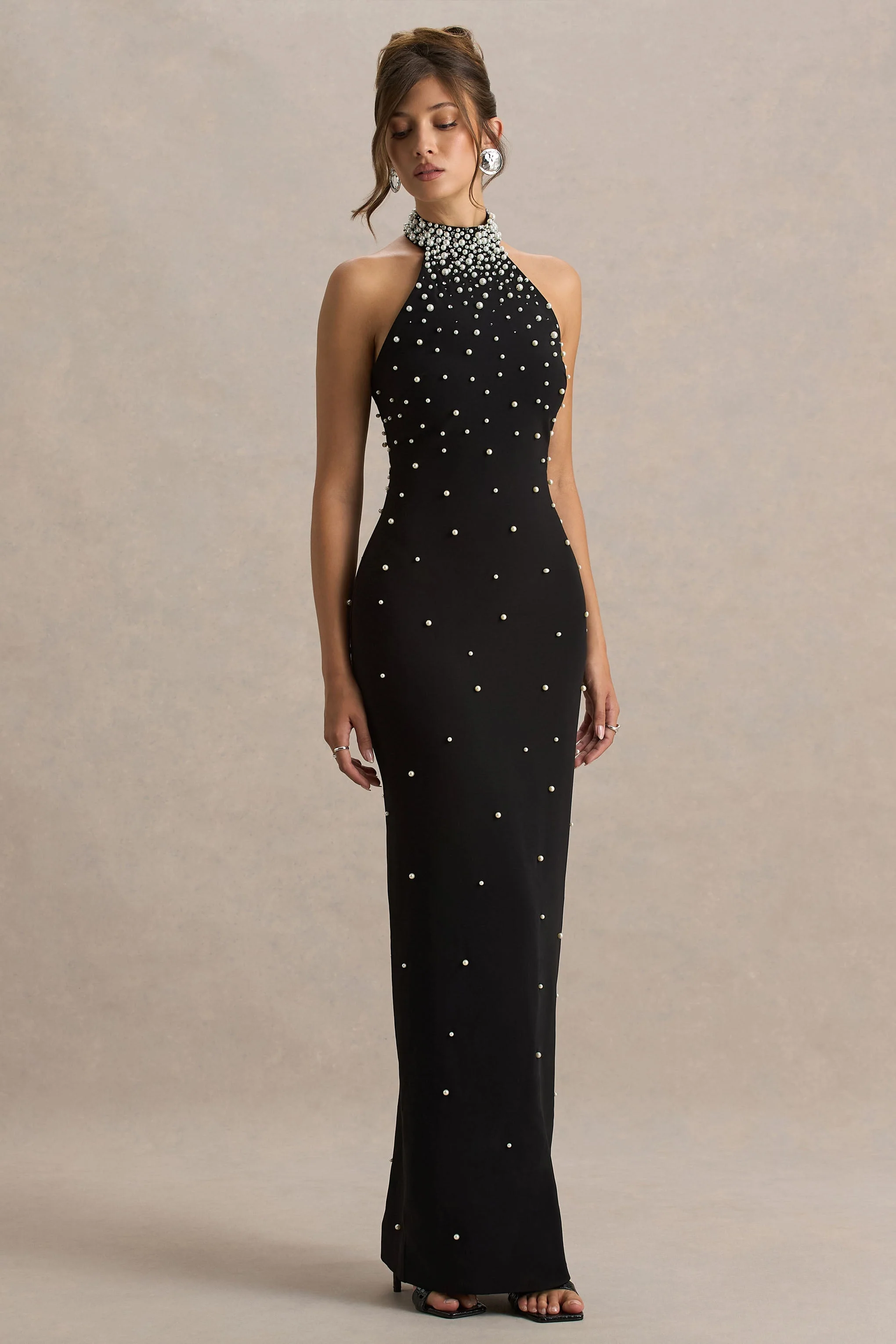 Dani | Black Hand-Embellished Halter-Neck Maxi Dress