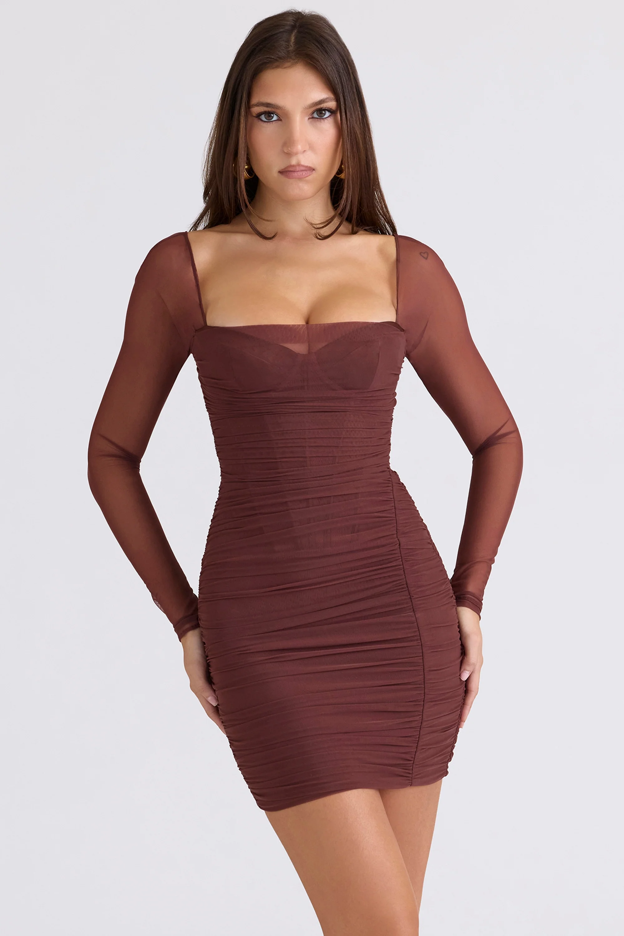 mocha mesh long sleeve mini dress