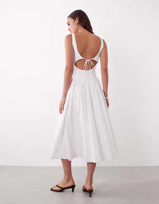 Mango starring Hailey Bieber cotton mix scoop neck drop waist maxi dress in white