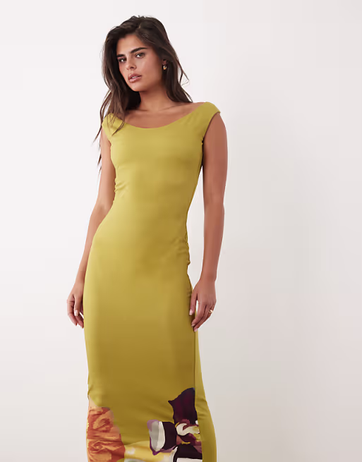 boat neck midi placement print dress