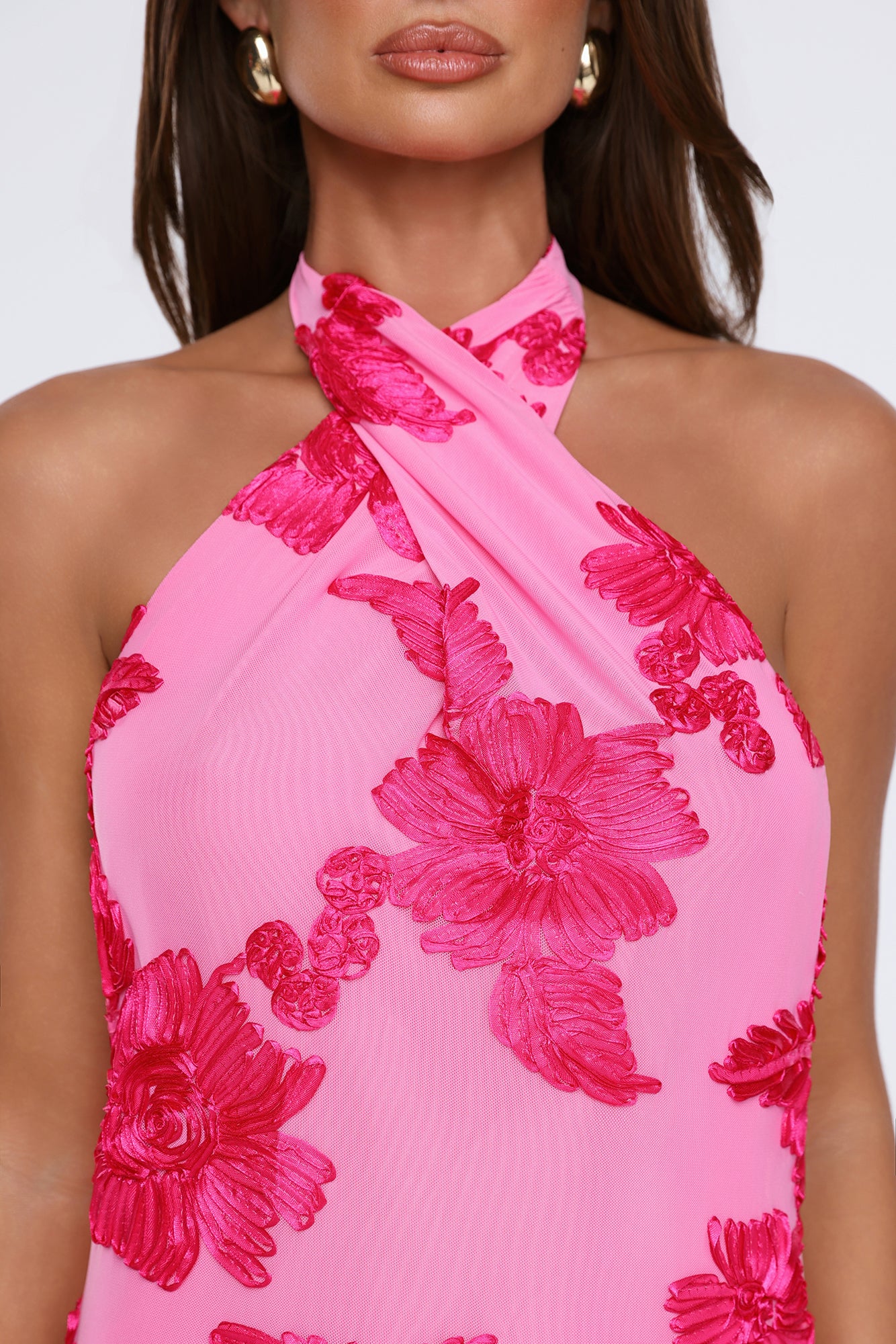 Fresh Bloom Energy Mesh Halter Mini Dress Pink