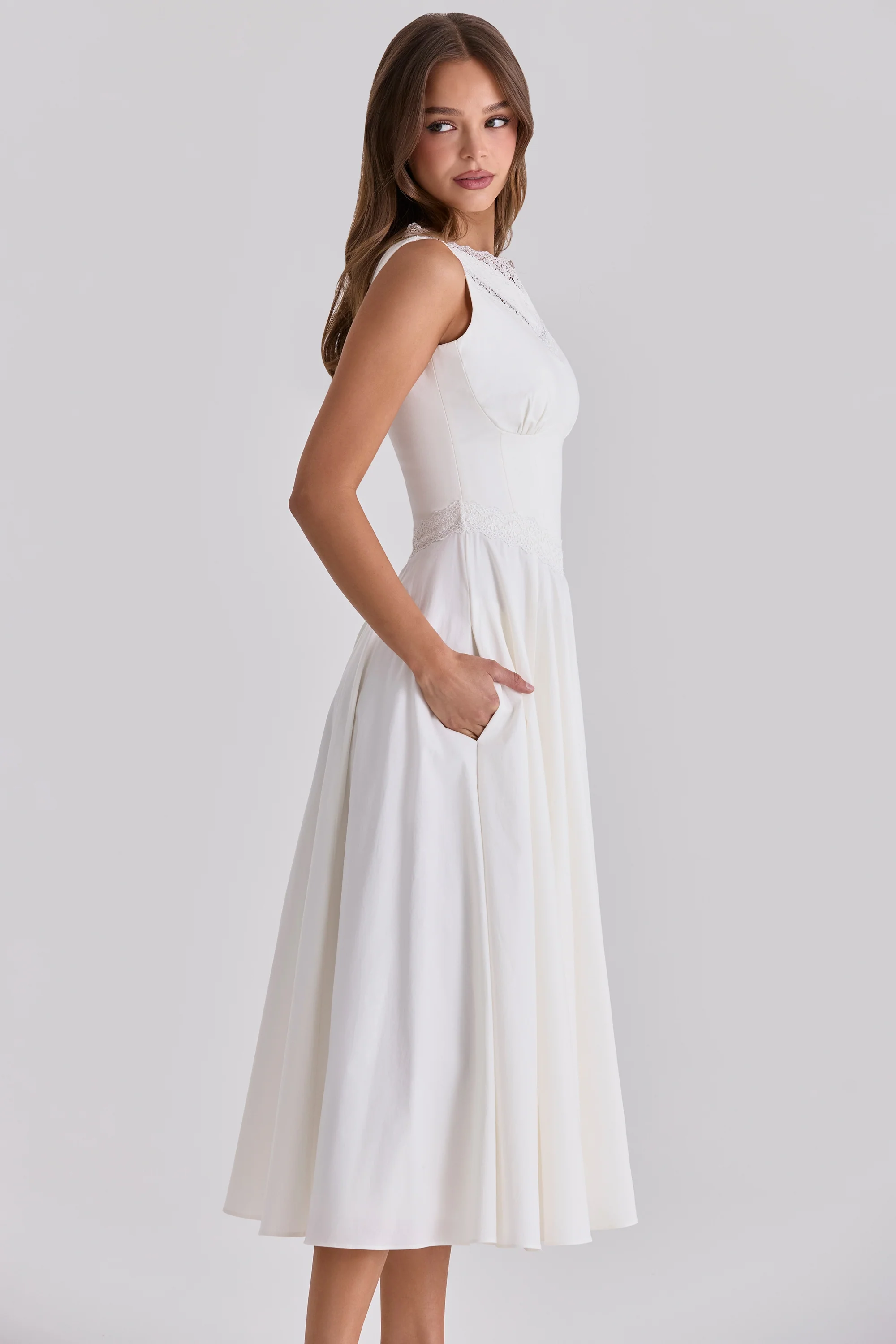 white cotton lace trim waist cinch midi dress - luluinthesky