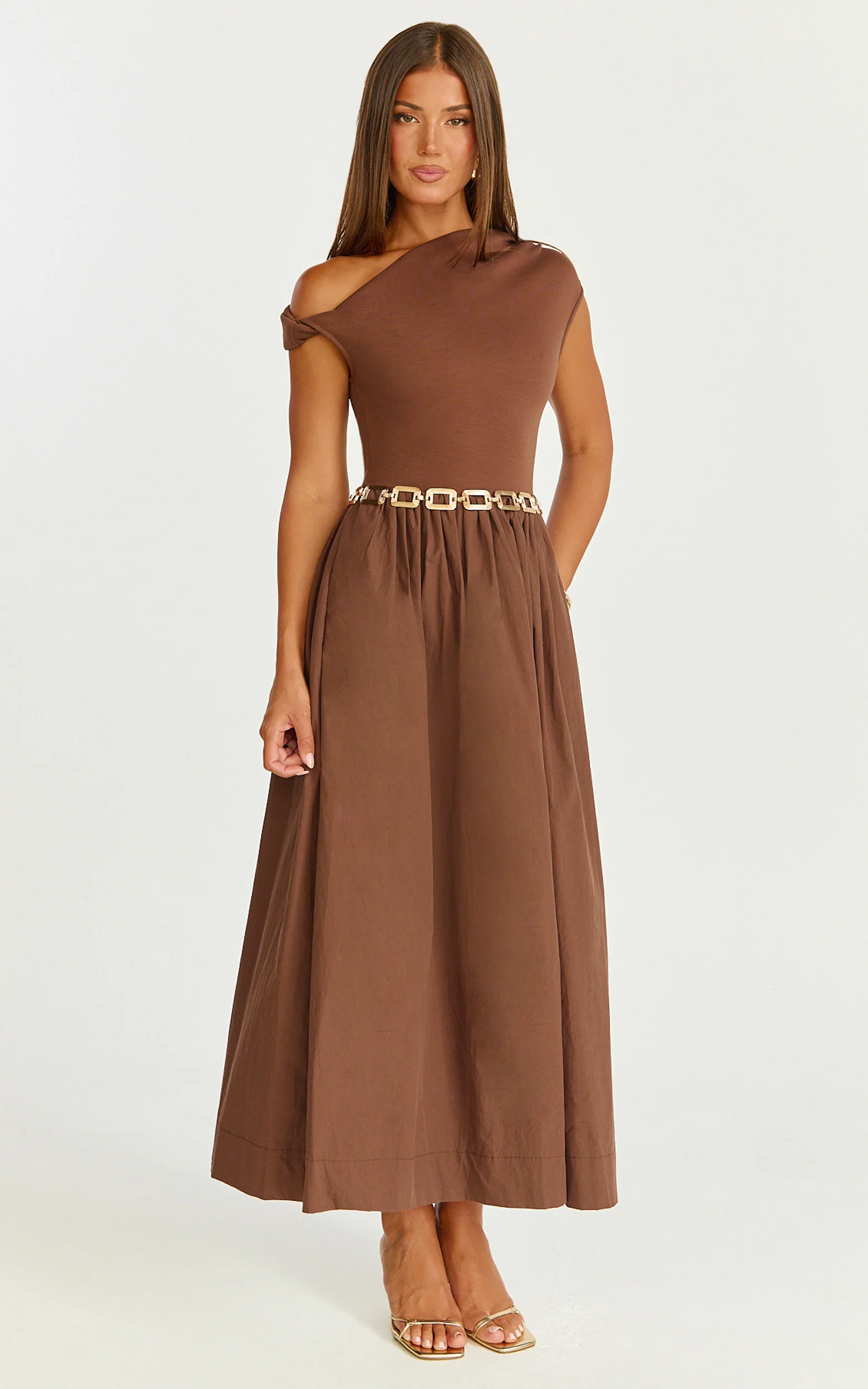 Jhamie Midi Dress - One Shoulder Contrast Skirt Dress in Chocolate