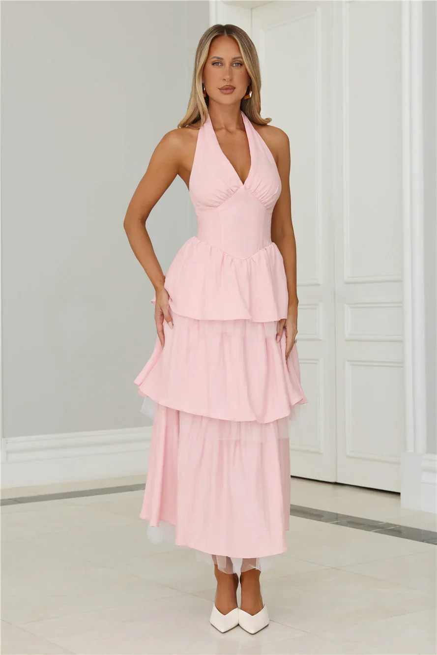 Twinkle Into Night Tulle Halter Maxi Dress Pink