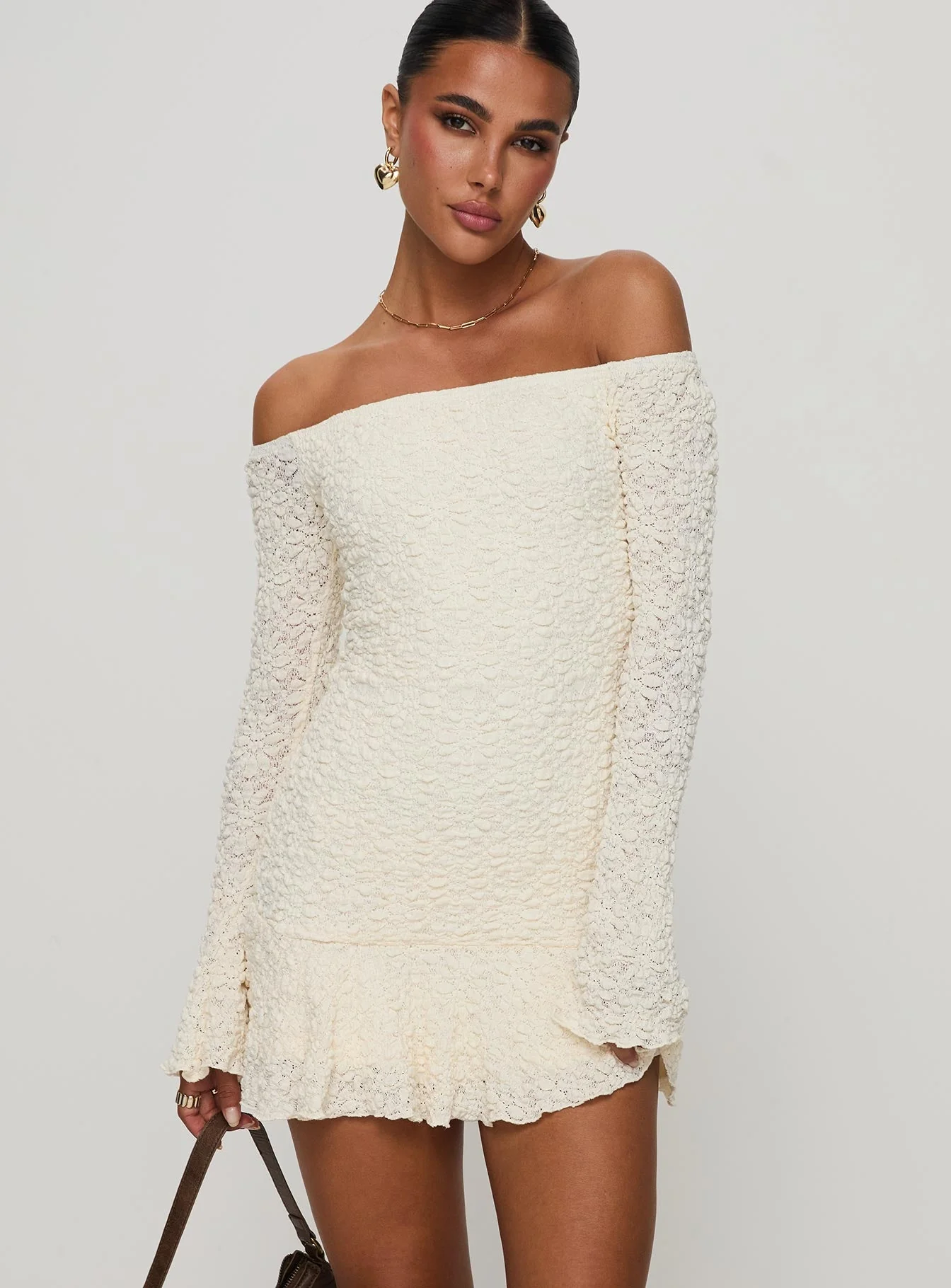 Vancesca Off Shoulder Long Sleeve Mini Dress Cream