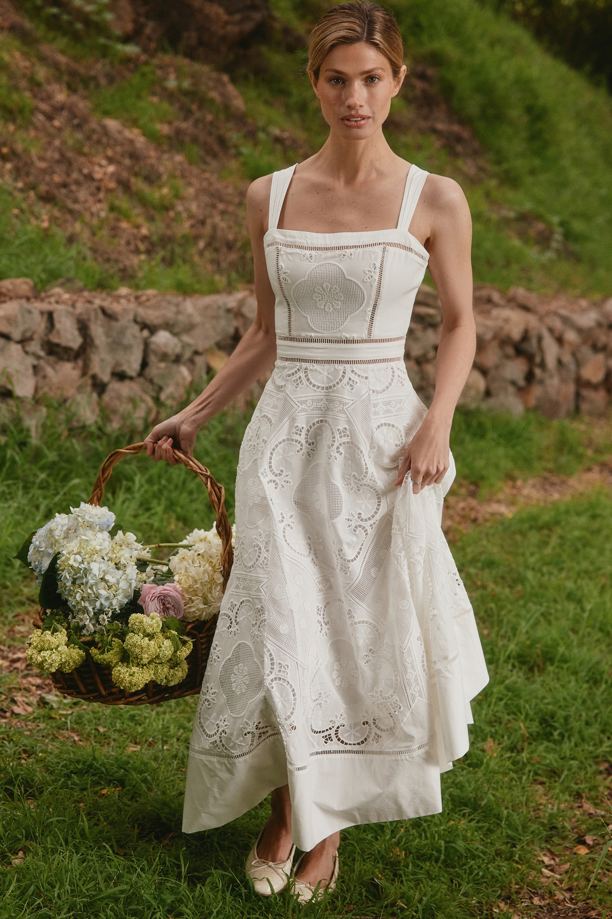 white stretch cotton broderie anglaise midi dress