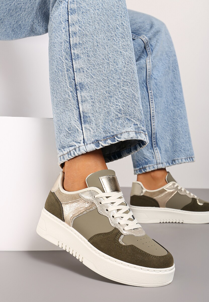 Czarno-Beżowe Sneakersy na Platformie Ozdobione Metalicznymi Elementami Miaraena