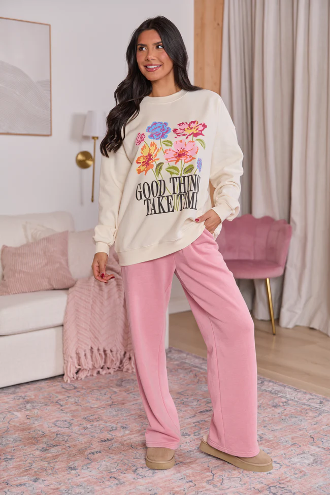 Good Things Take Time Cream Graphic Sweatshirt