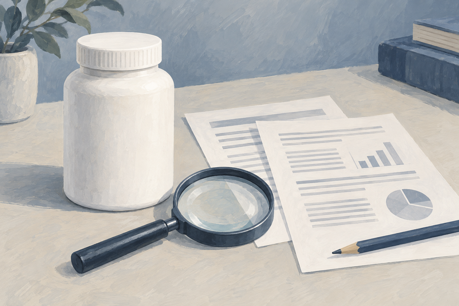Editorial illustration of an unbranded closed container, abstract report sheets and a magnifying glass.