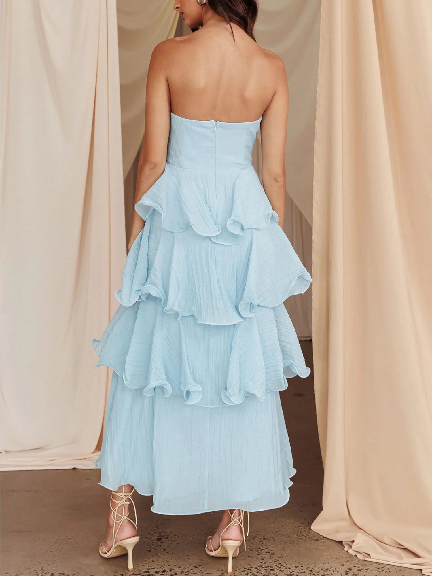Light Blue Strapless Tiered Midi Dress