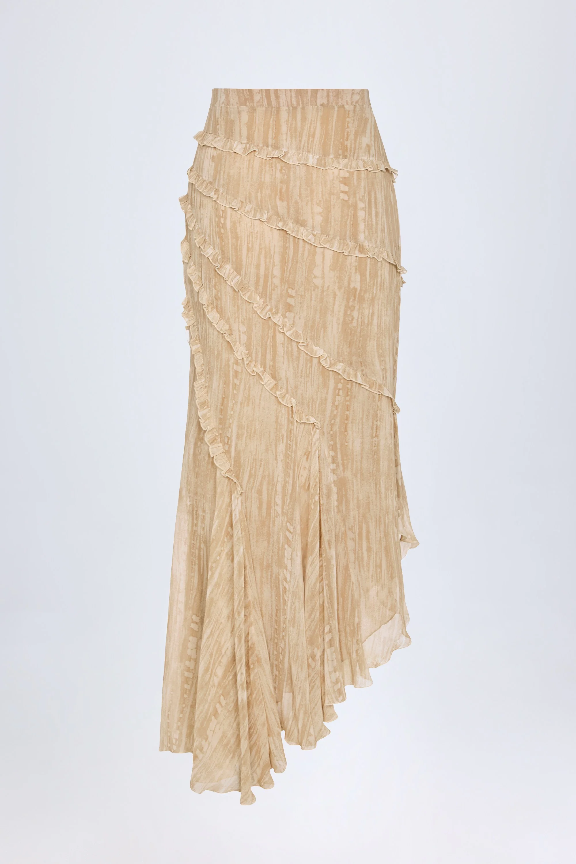 Ruffled Asymmetric Mid-Rise Maxi Skirt in Tan Print