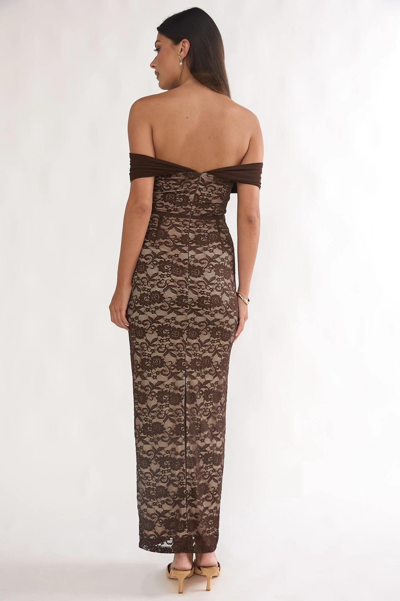 Jewelene Off-Shoulder Maxi Dress Lace Chocolate