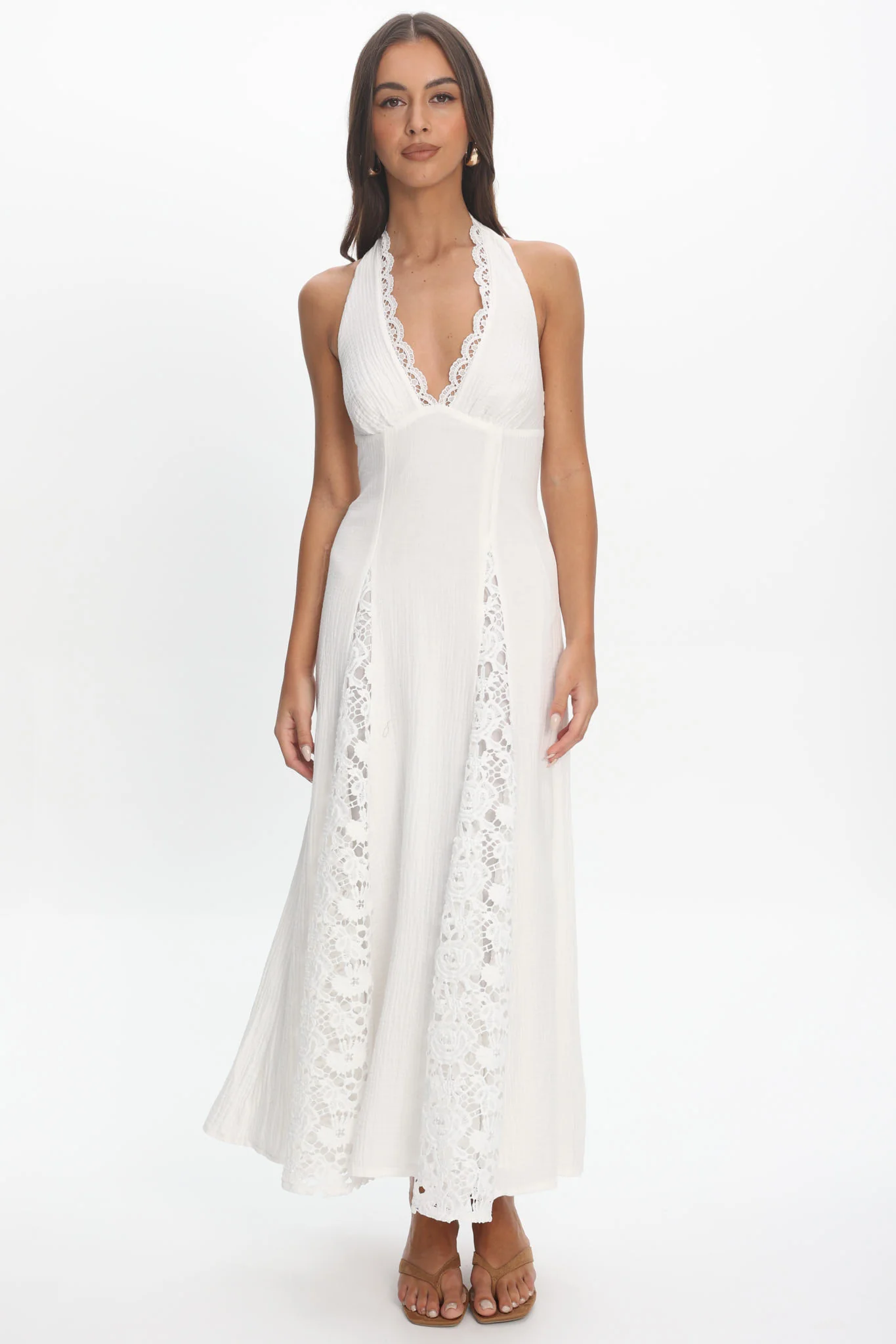 Claudette Halterneck Lace Trim Maxi Dress White