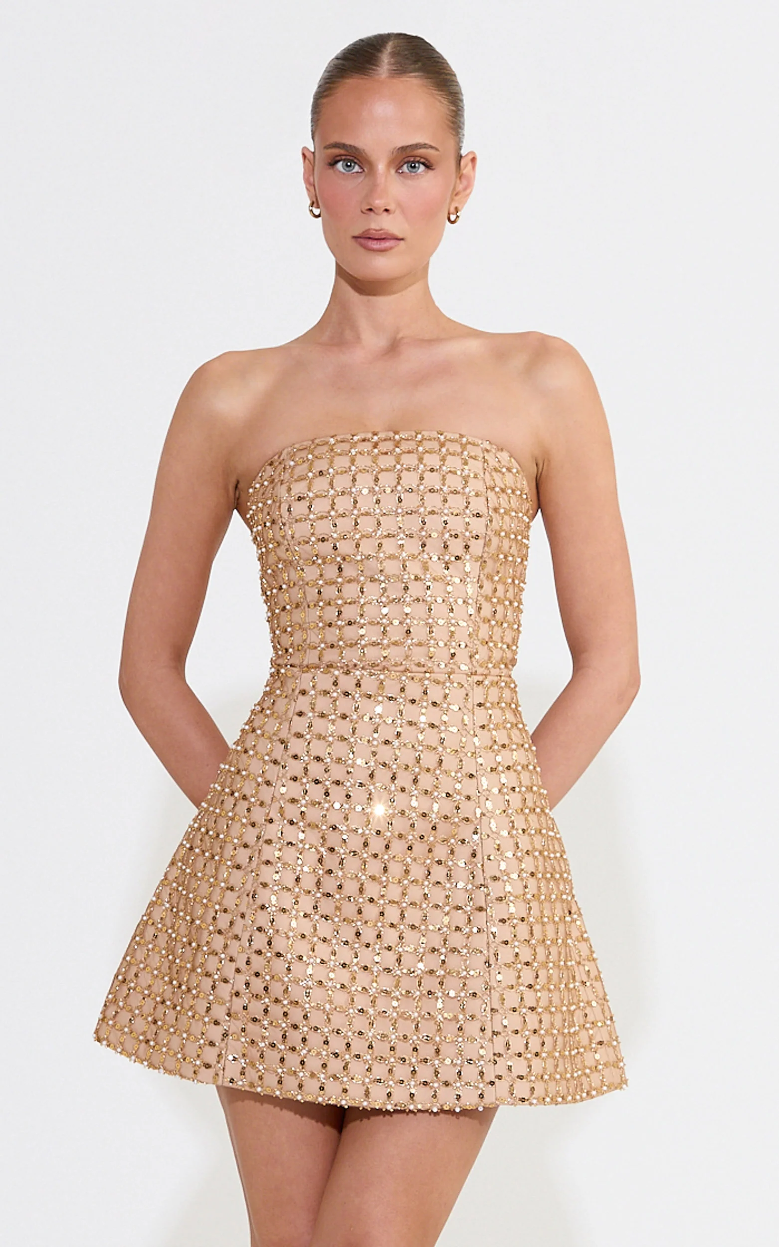 Camille Mini Dress Strapless Structured Beaded Sequin Dress in Gold - FASHION NOB