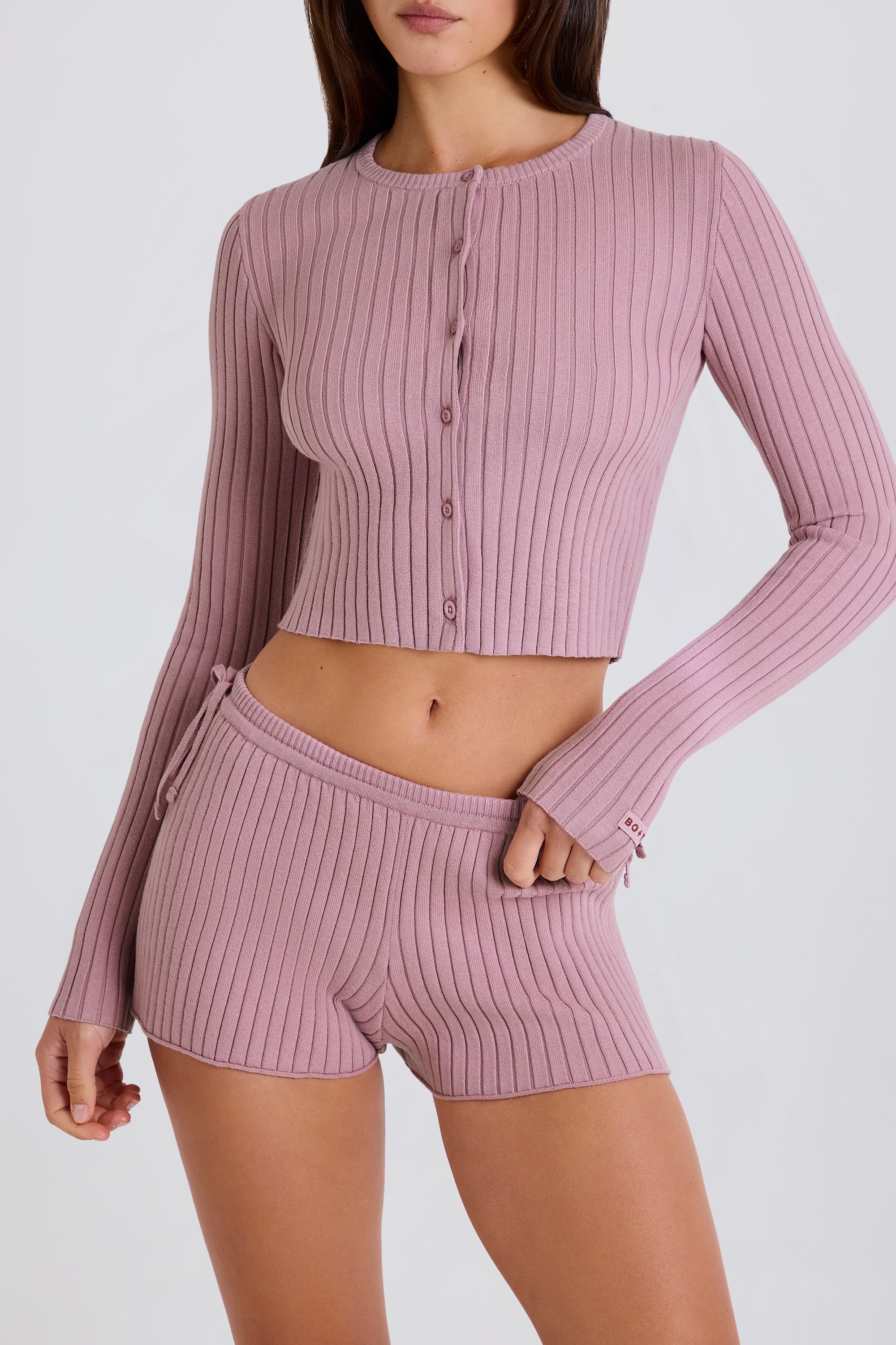 Ribbed Knit Button Cardigan in Mauve