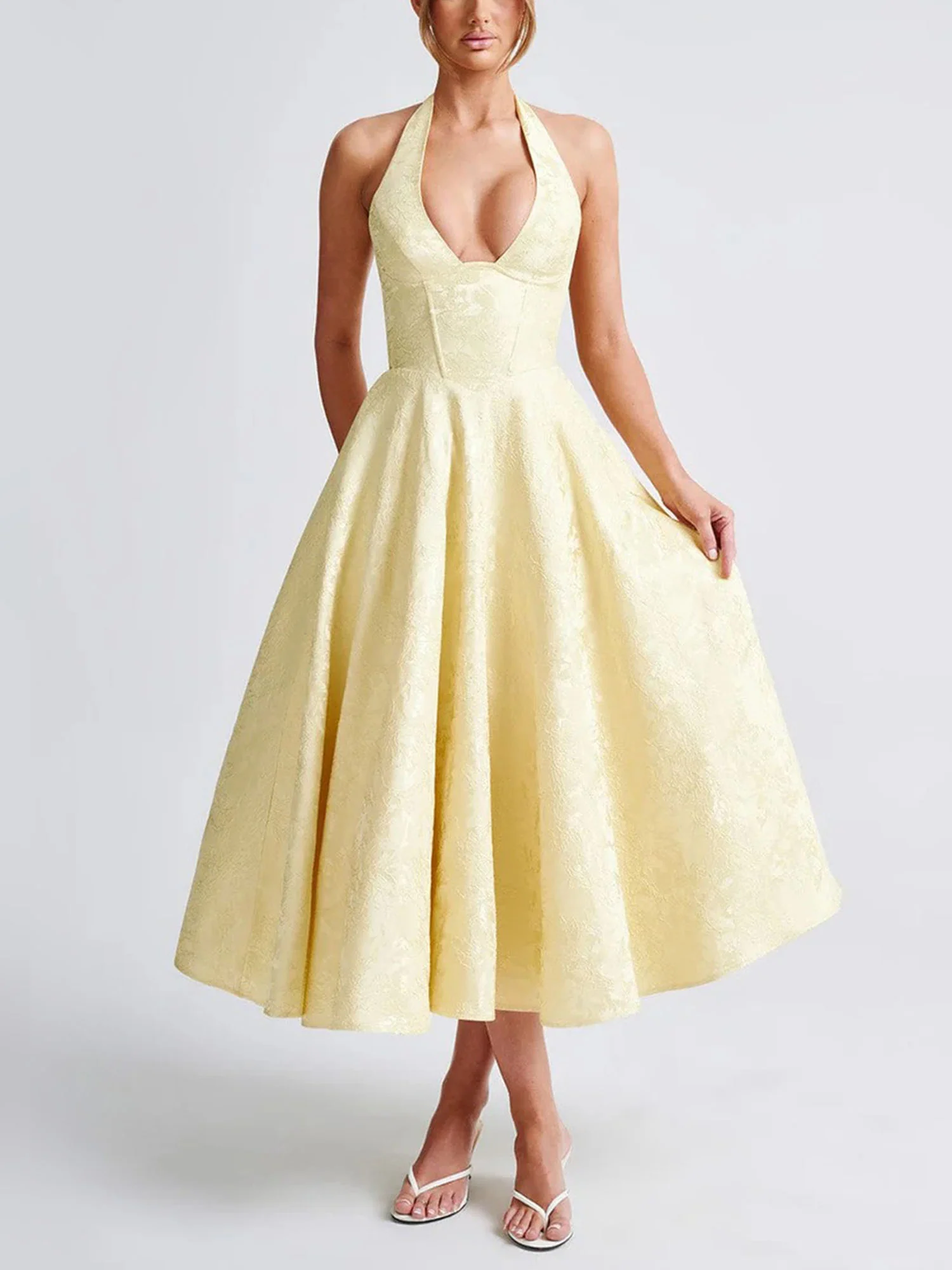 Yellow Halter Flared Midi Dress