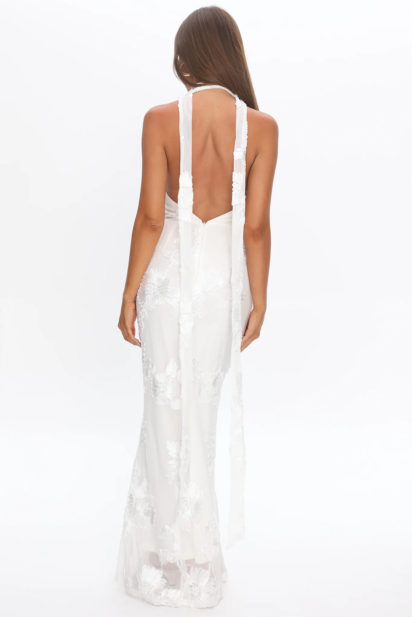 Cipriana Backless Halter Maxi Dress Embellished Floral White - luluinthesky