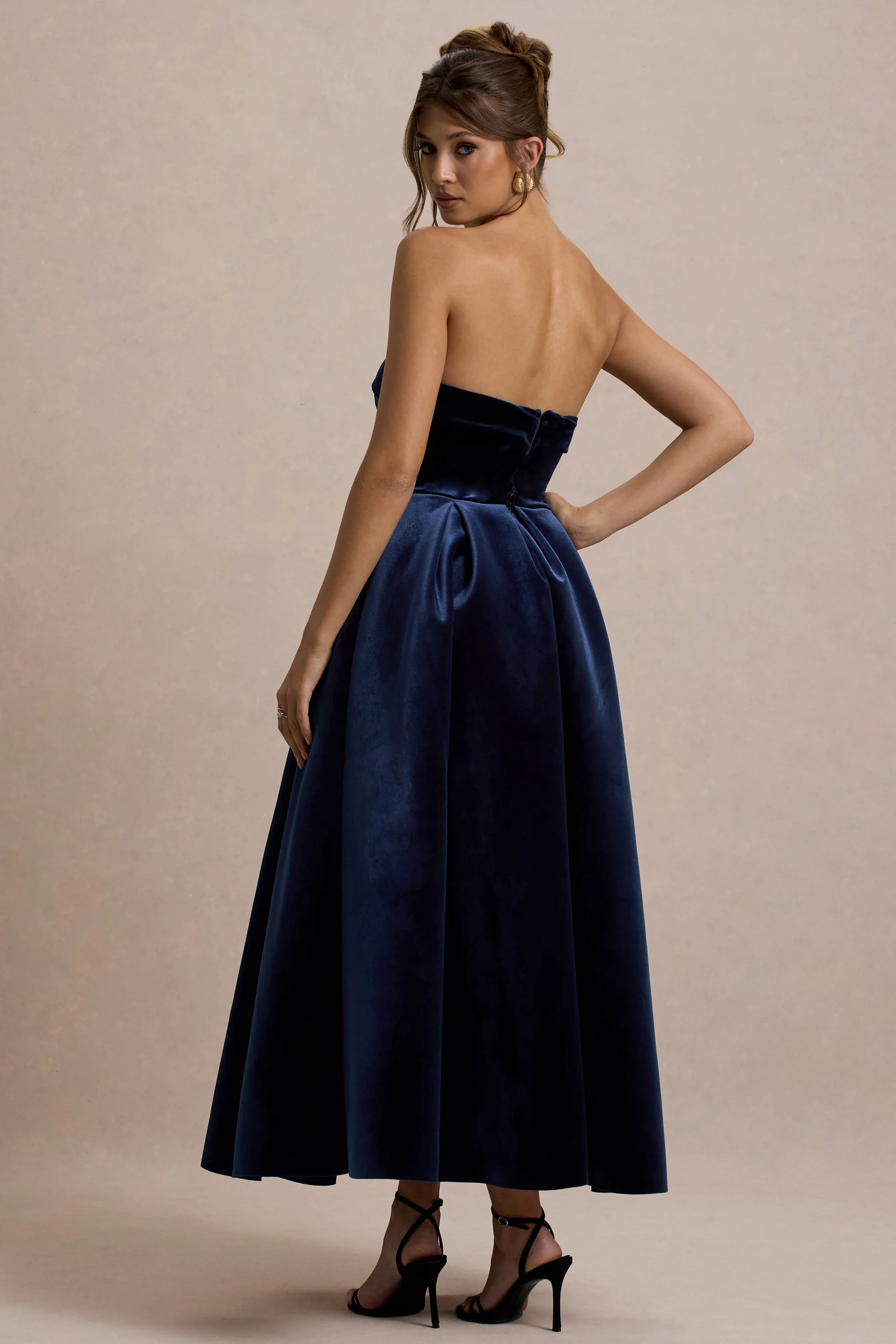 Addina | Navy Velvet Bandeau Skater Midi Dress