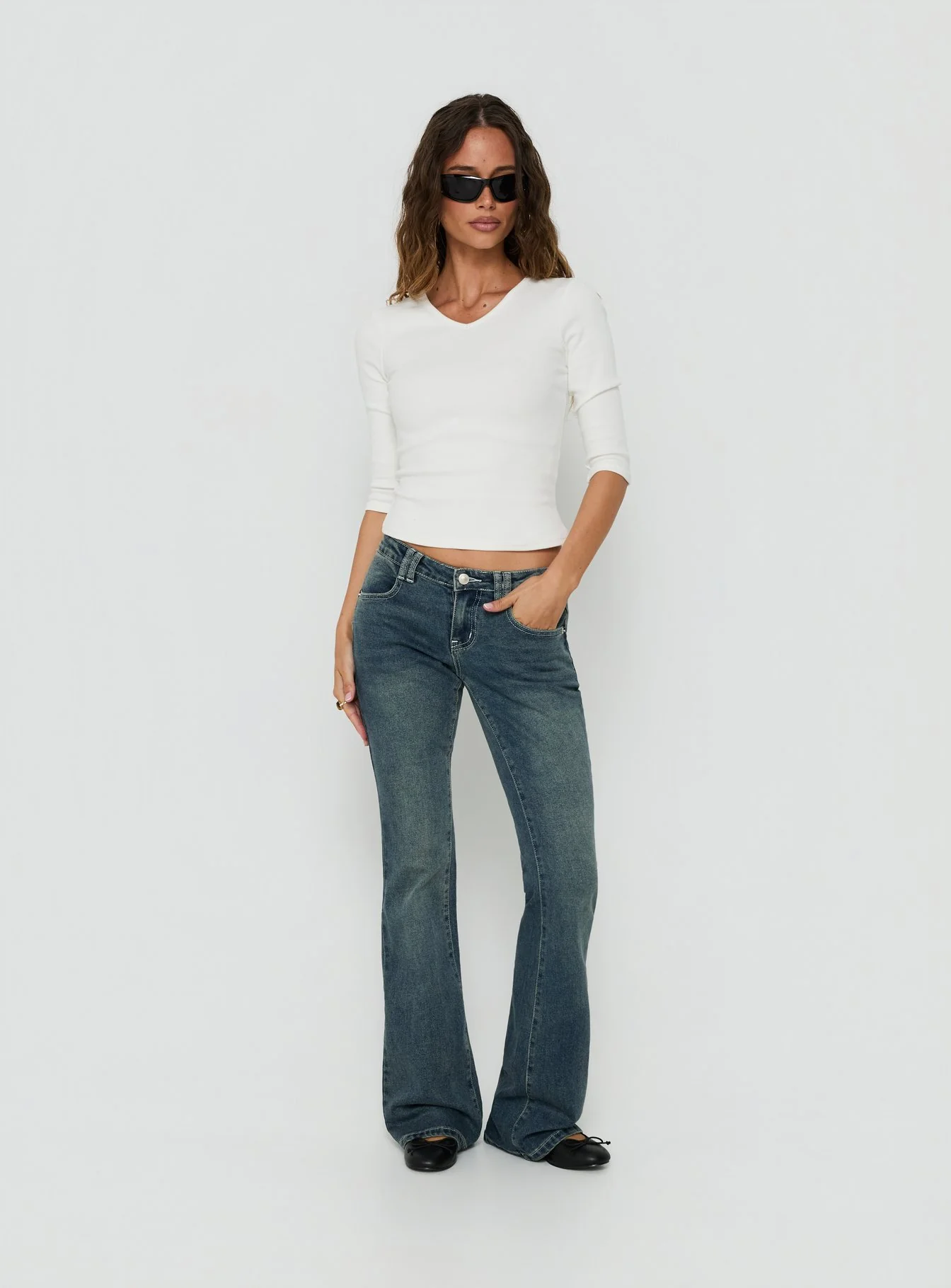 Clynee Ultra Low Rise Bootleg Jeans Dirty Blue - FASHION NOB