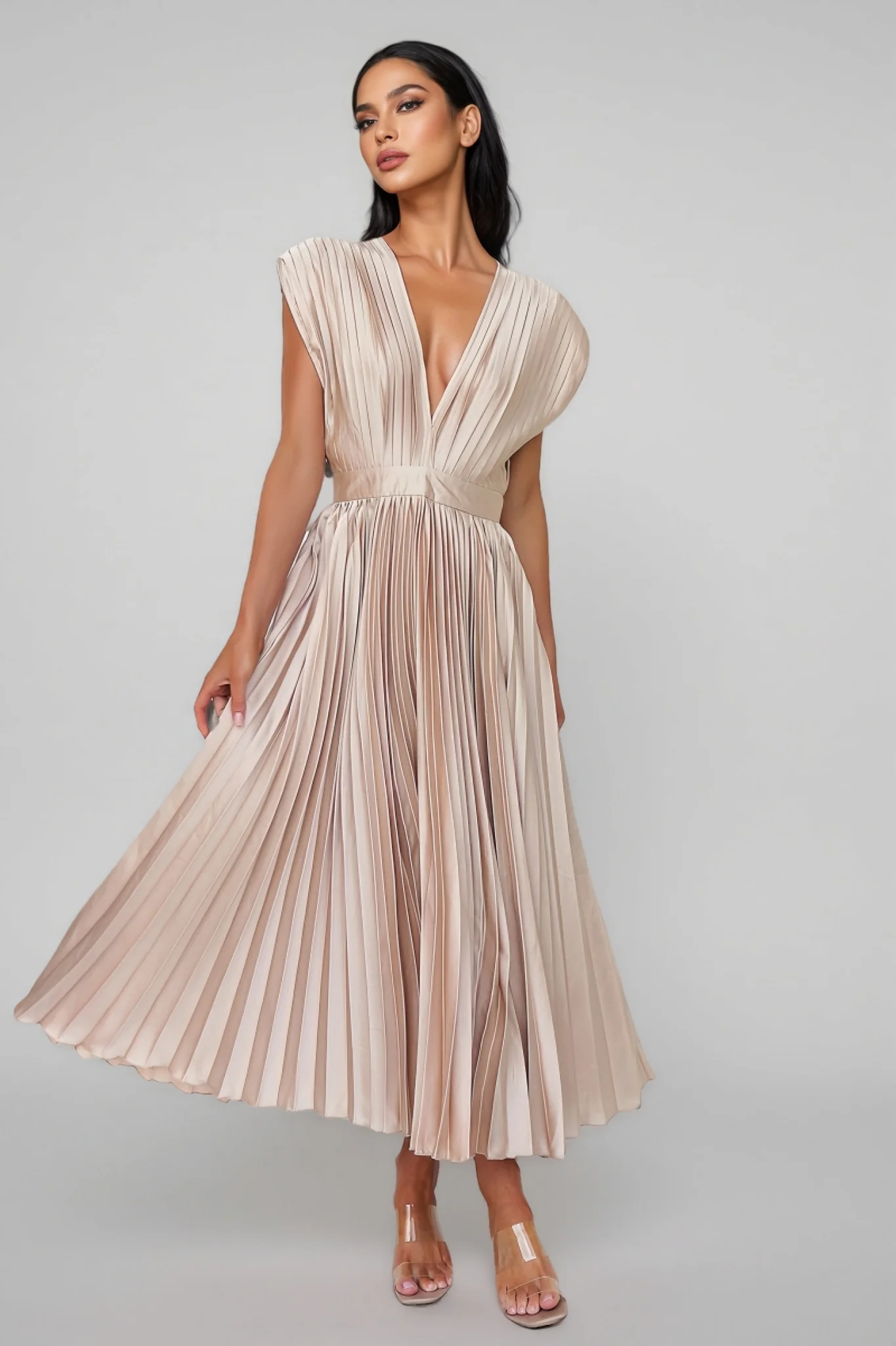 Tiya Sleeveless Pleated Maxi Dress-Pink