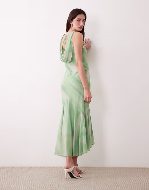 sleeveless cowl neck maxi dress with frill hem in multi stripes