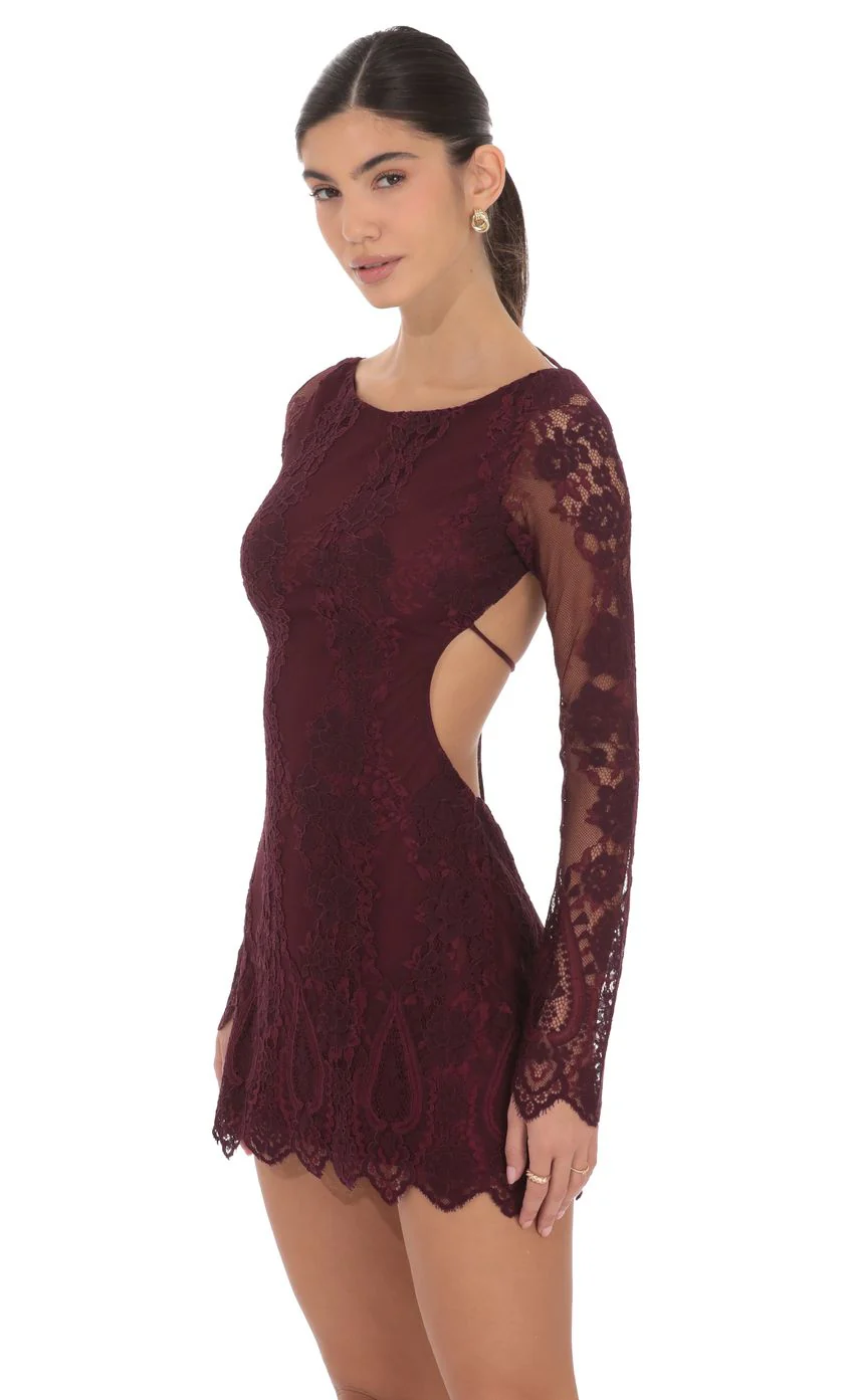 Lace Open Back Long Sleeve Dress in Burgundy - luluinthesky