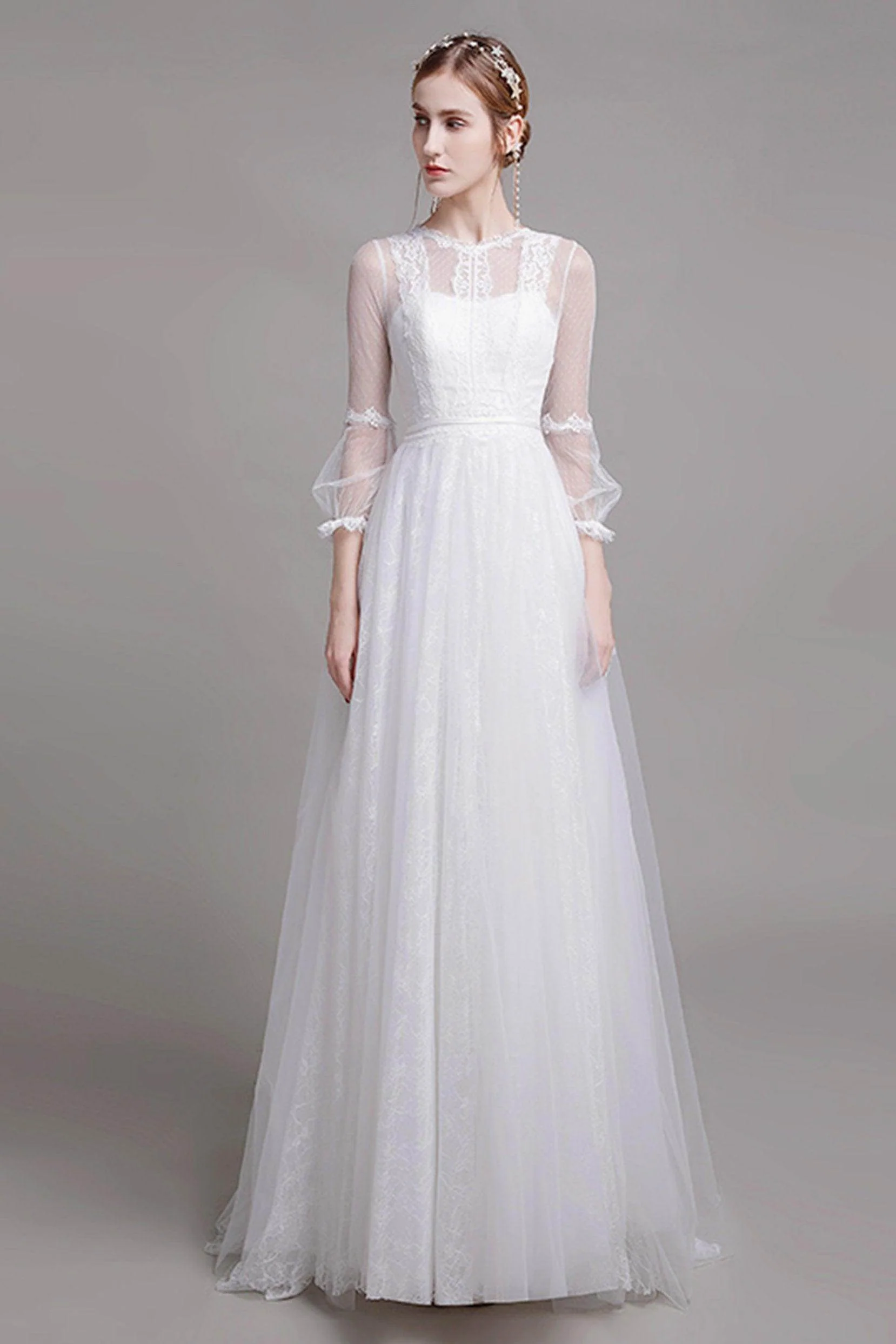 A-Line Floor Length Lace Tulle Wedding Dress CW2751