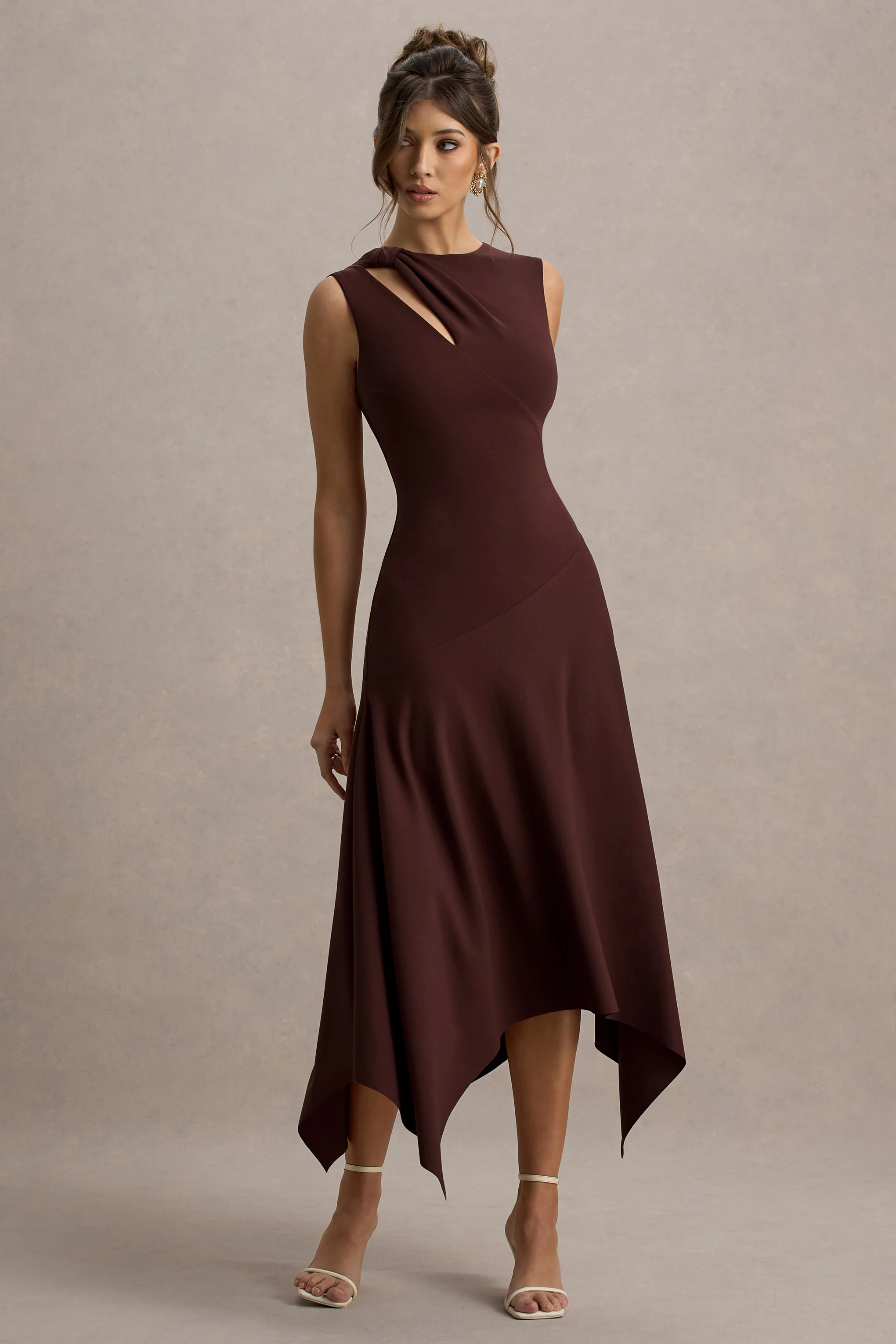 Francesca | Brown Knotted Midi Dress With Handkerchief Hem