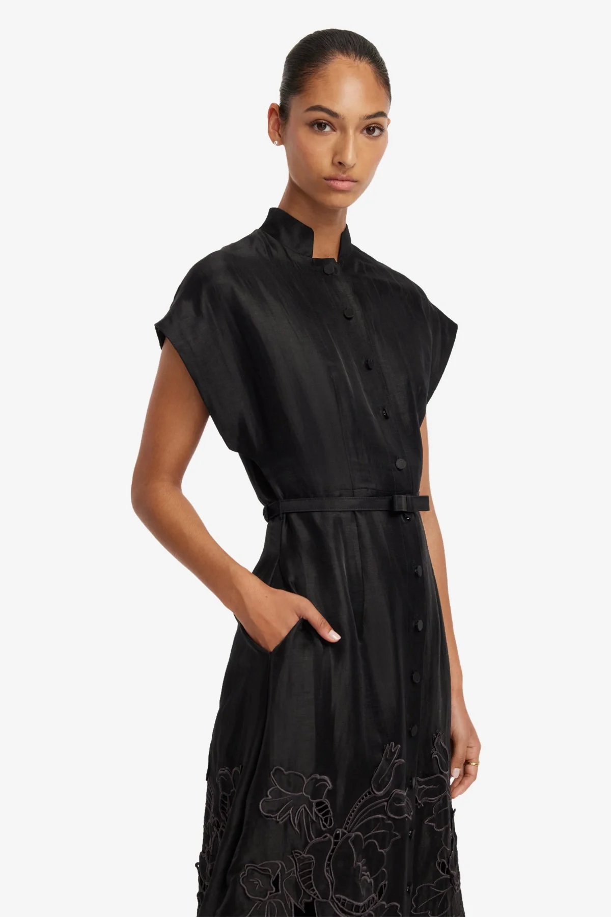 Aubrey Appliqué Shirt Midi Dress - Ebony