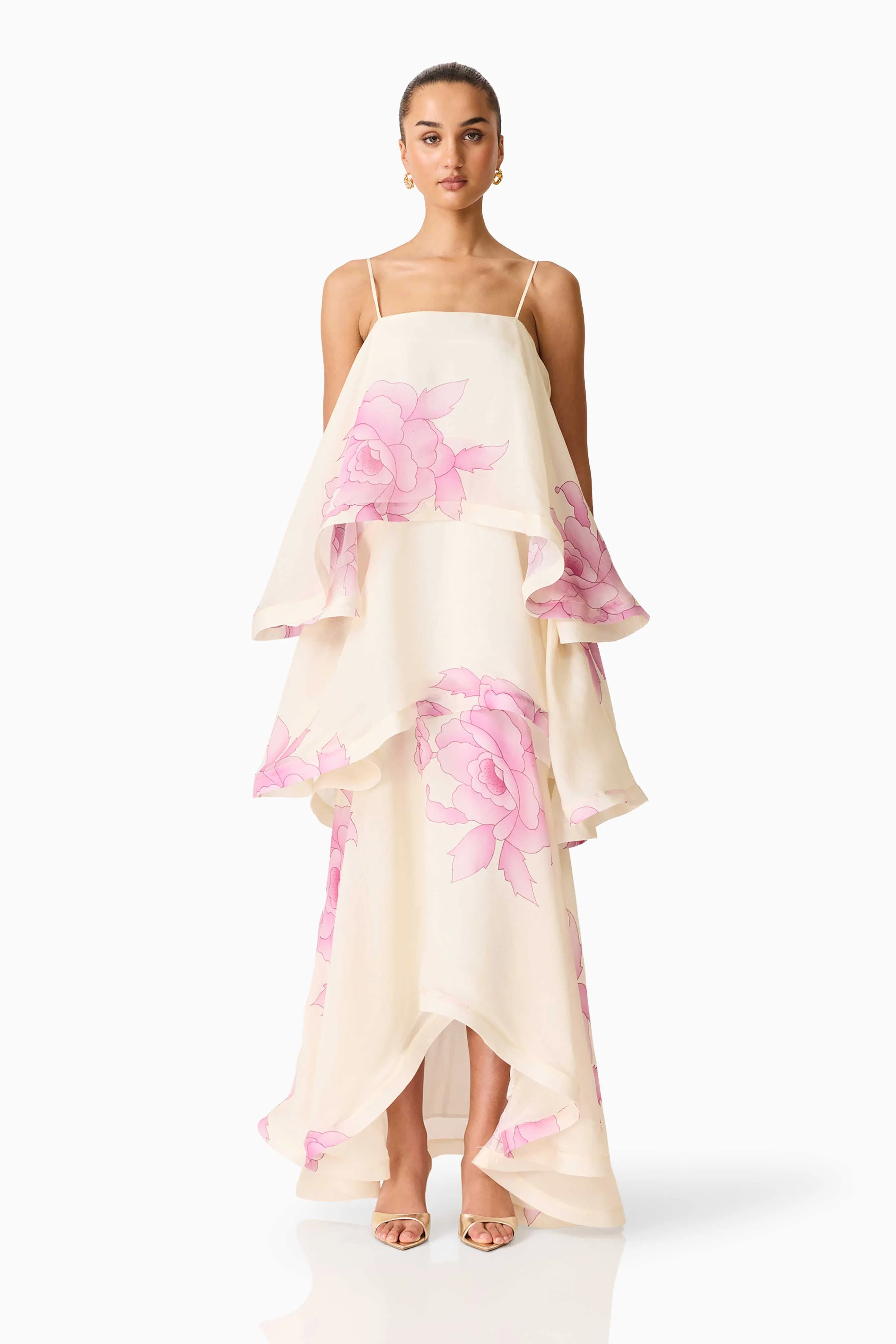 Rova Tiered Gown in Cream & Pink Floral