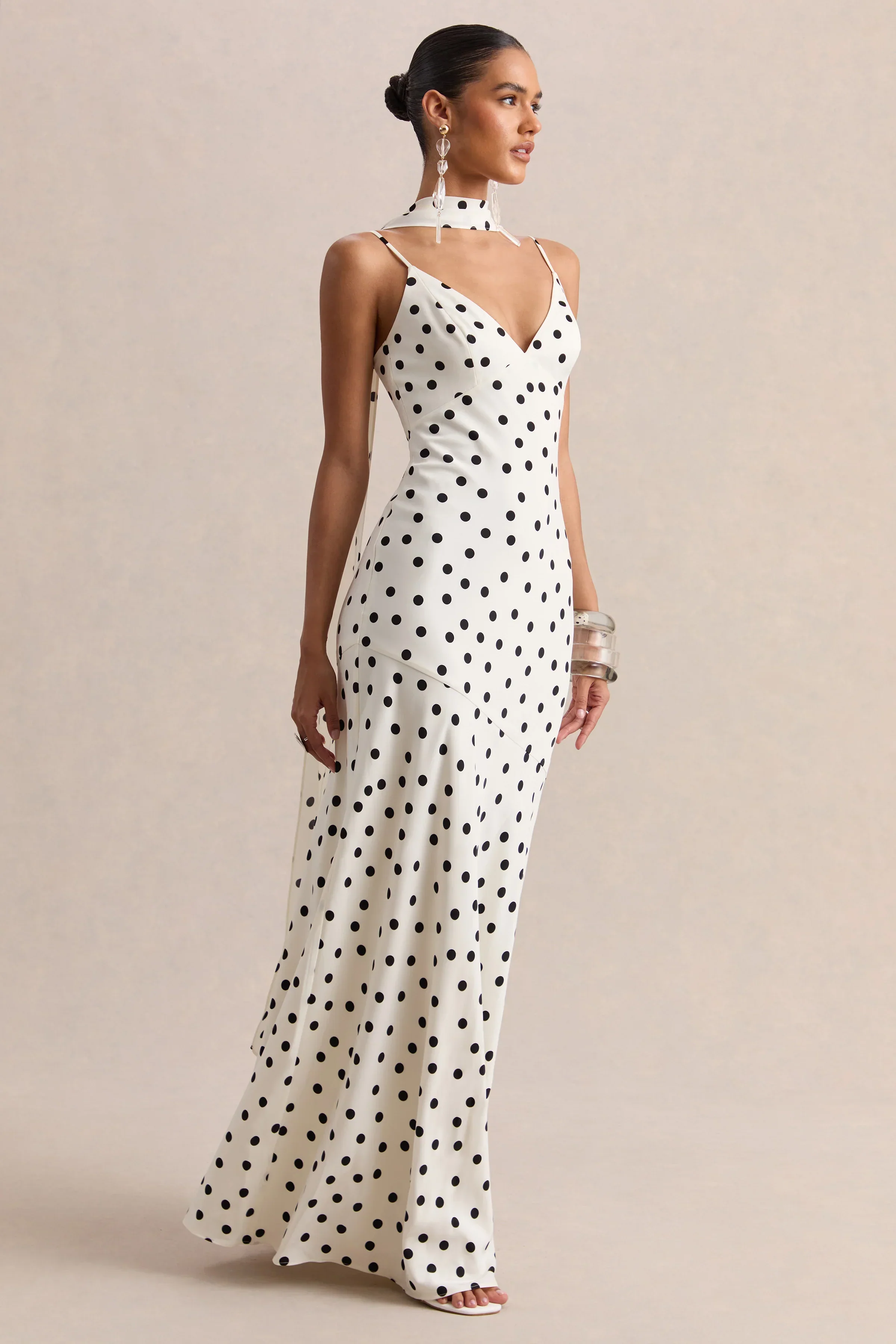 Starling | White & Black Polka Dot Satin Plunge-Neck Maxi Dress With Scarf-Detail