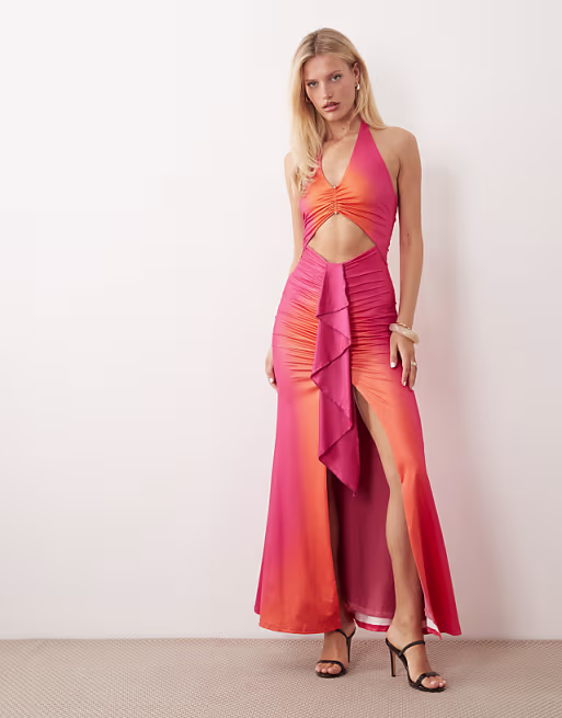 Murci halterneck cut out ruffle detail split front maxi dress in pink sunset ombre