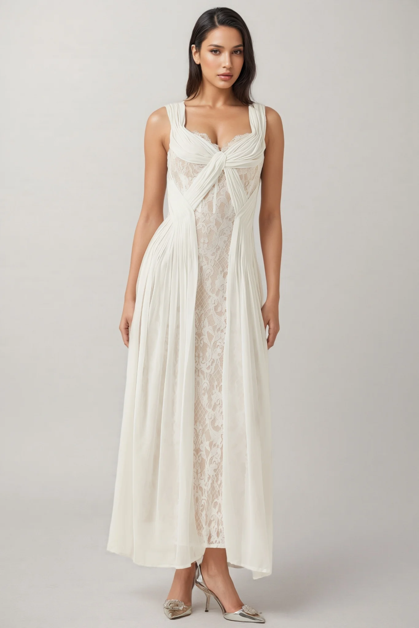 Layana White Lace Pleated Maxi Dress