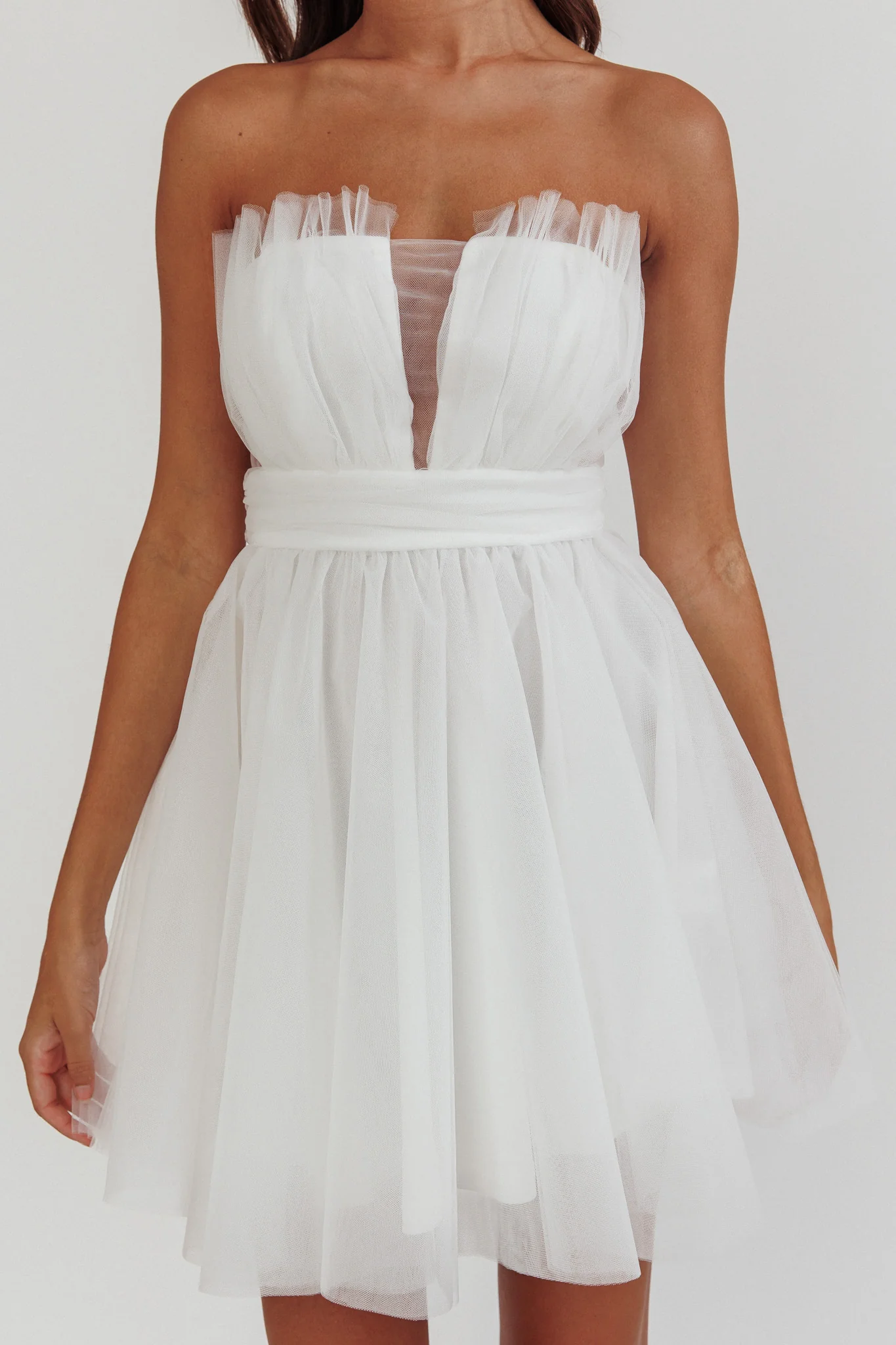 Touch The Stars Gathered Mesh Mini Dress White