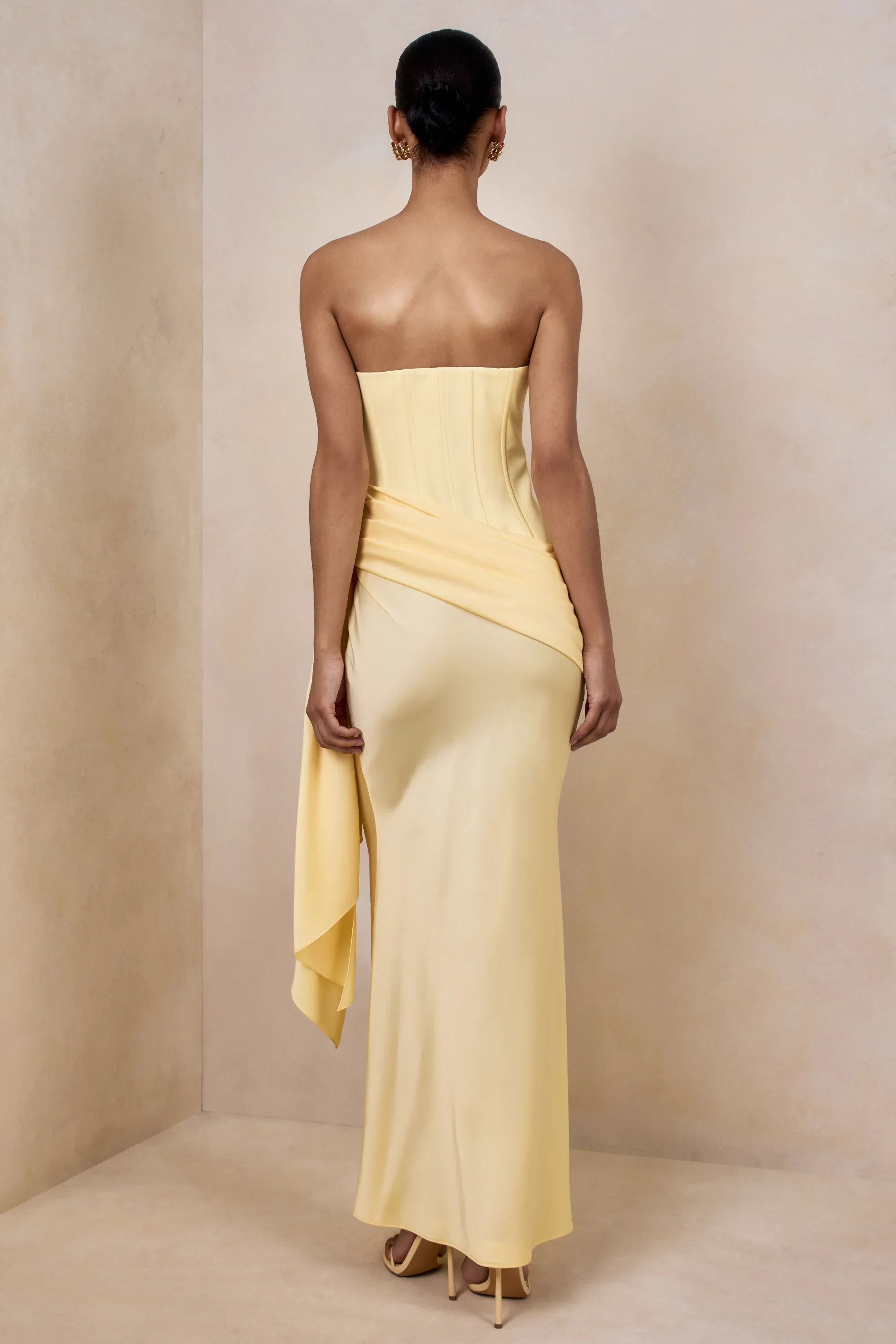 Oakley | Lemon Satin Bandeau Maxi Dress With Draped Skirt