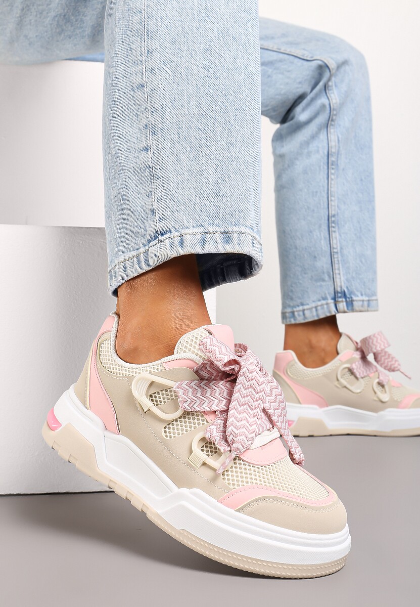 Beżowo-Różowe Sneakersy na Grubej Podeszwie z Ozdobnymi Sznurówkami Zeldema