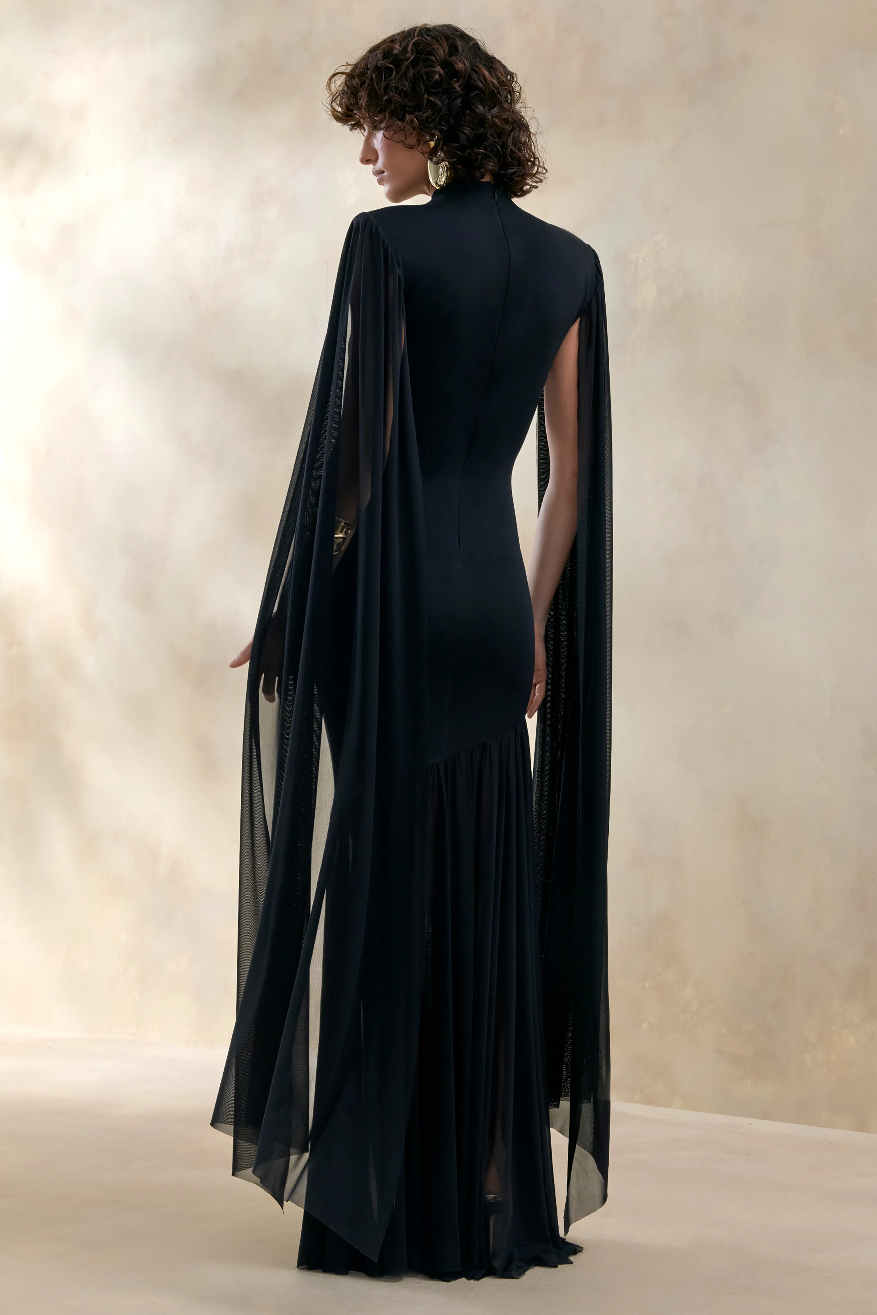 Chantelle | Black High-Neck Maxi Dress With Drop-Waist And Cape-Sleeves
